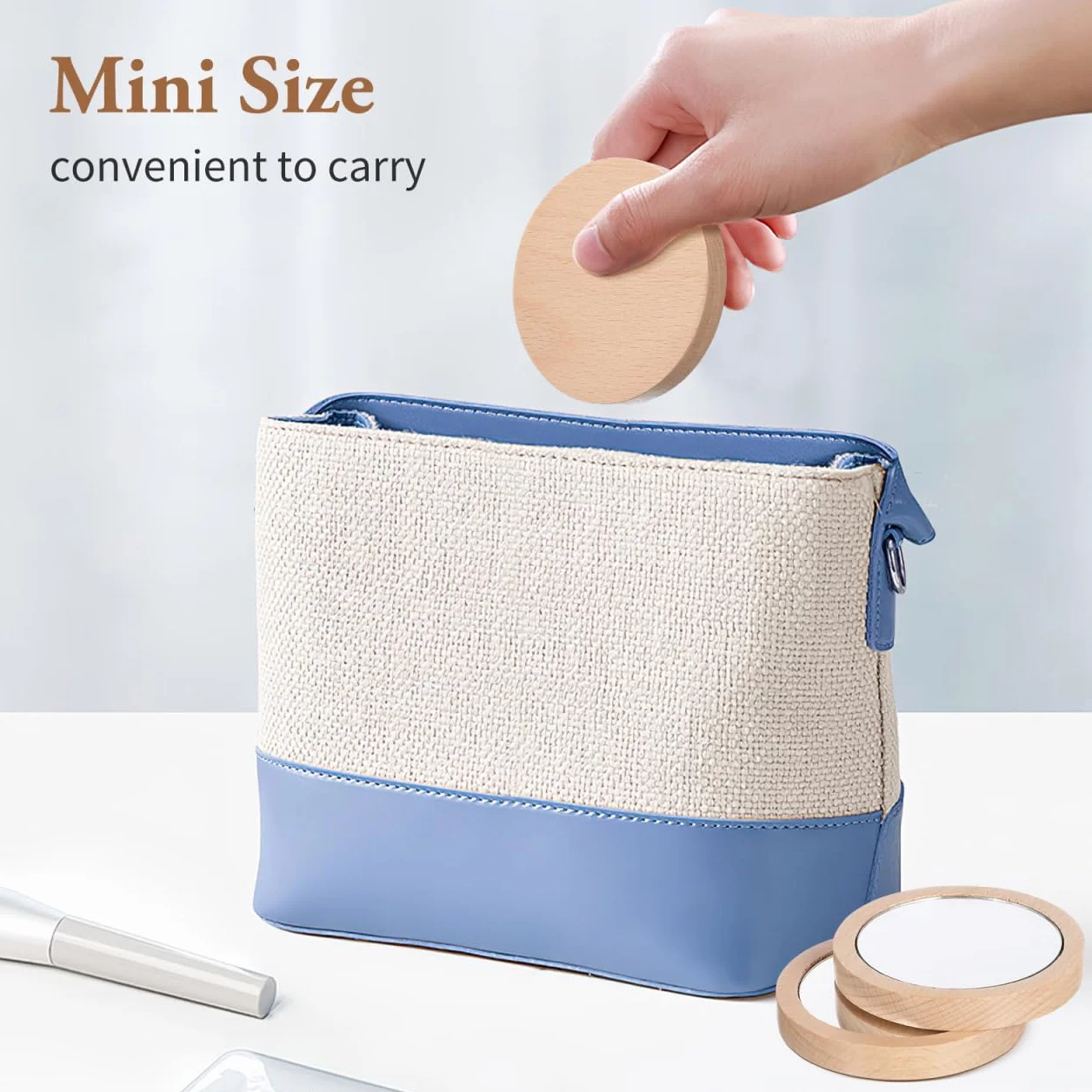 Confezione da 2 piccoli specchietti tascabili in legno, rotondi, compatti, portatili, per borsa da donna da 6 5 cm e 7 5 cm, ideale per bambini e bambini