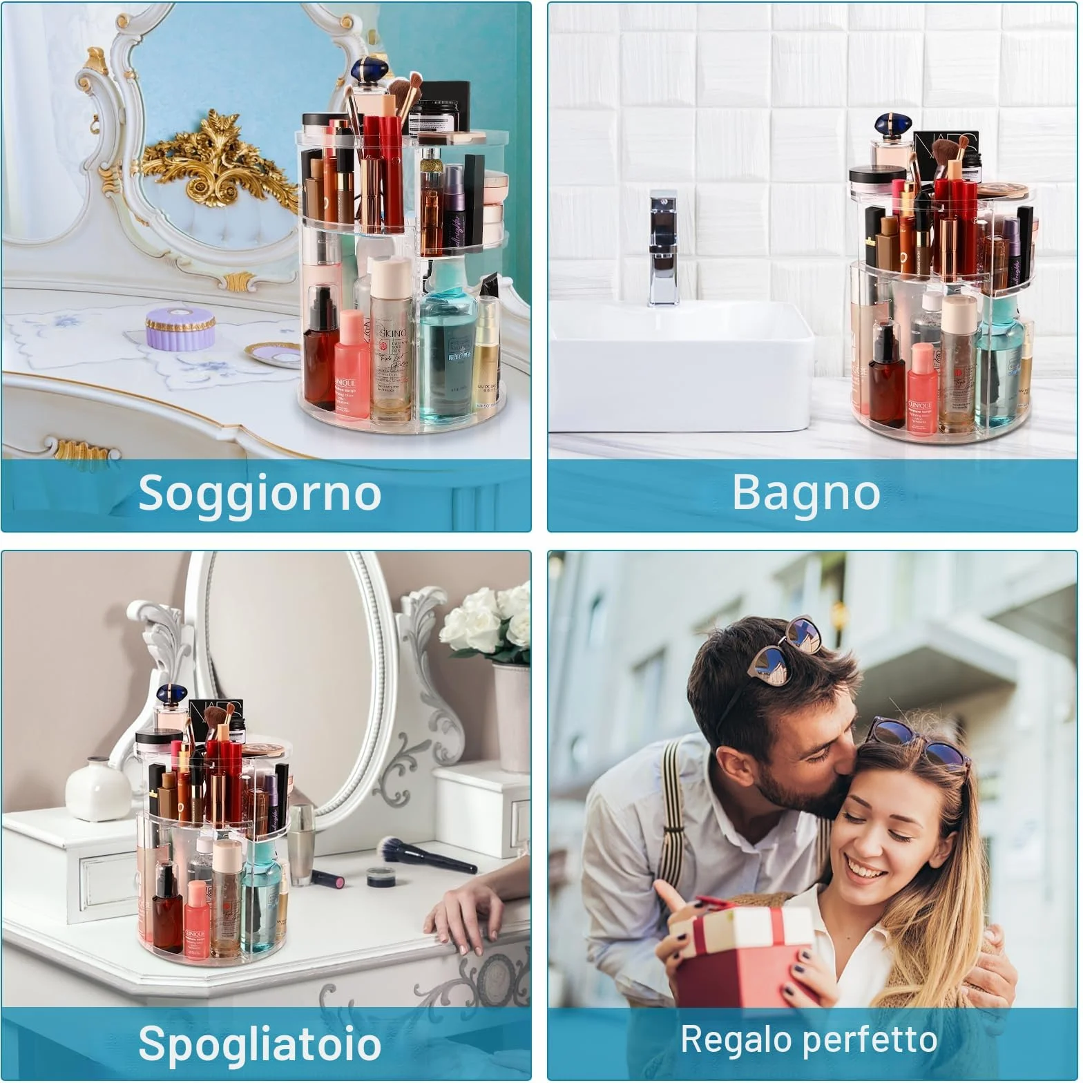 Organizzatore di Trucco Rotante a 360° Make Up Organizer Porta Creme Ripiani Regolabili Multifunzione