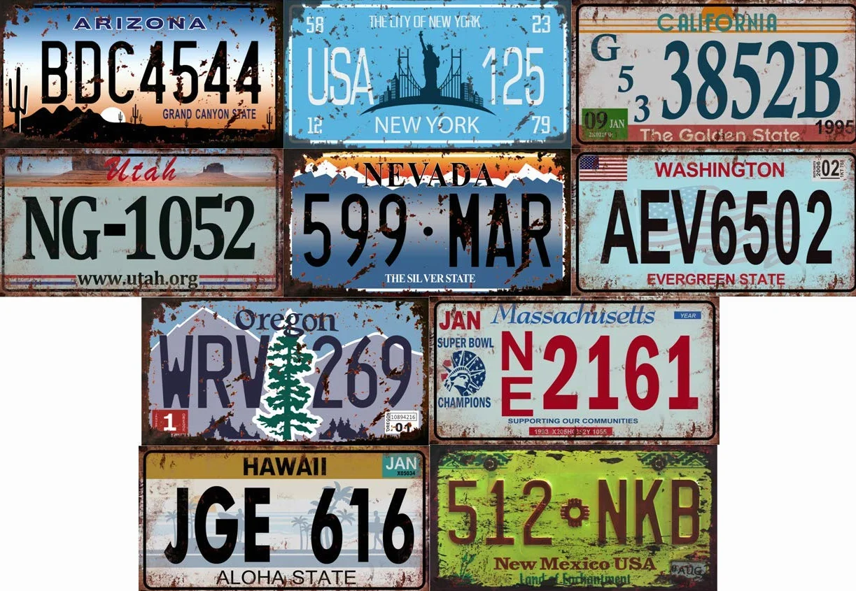 Lotto 10 targhe automobilistiche USA in Metallo Effetto Invecchiato Old1 Old2