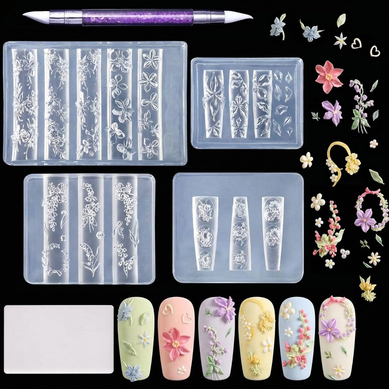 Nails Mold, set da 4 pezzi di timbri per unghie per disegno nail art con stampi in silicone 3D con fiori, stamping templates per unghie