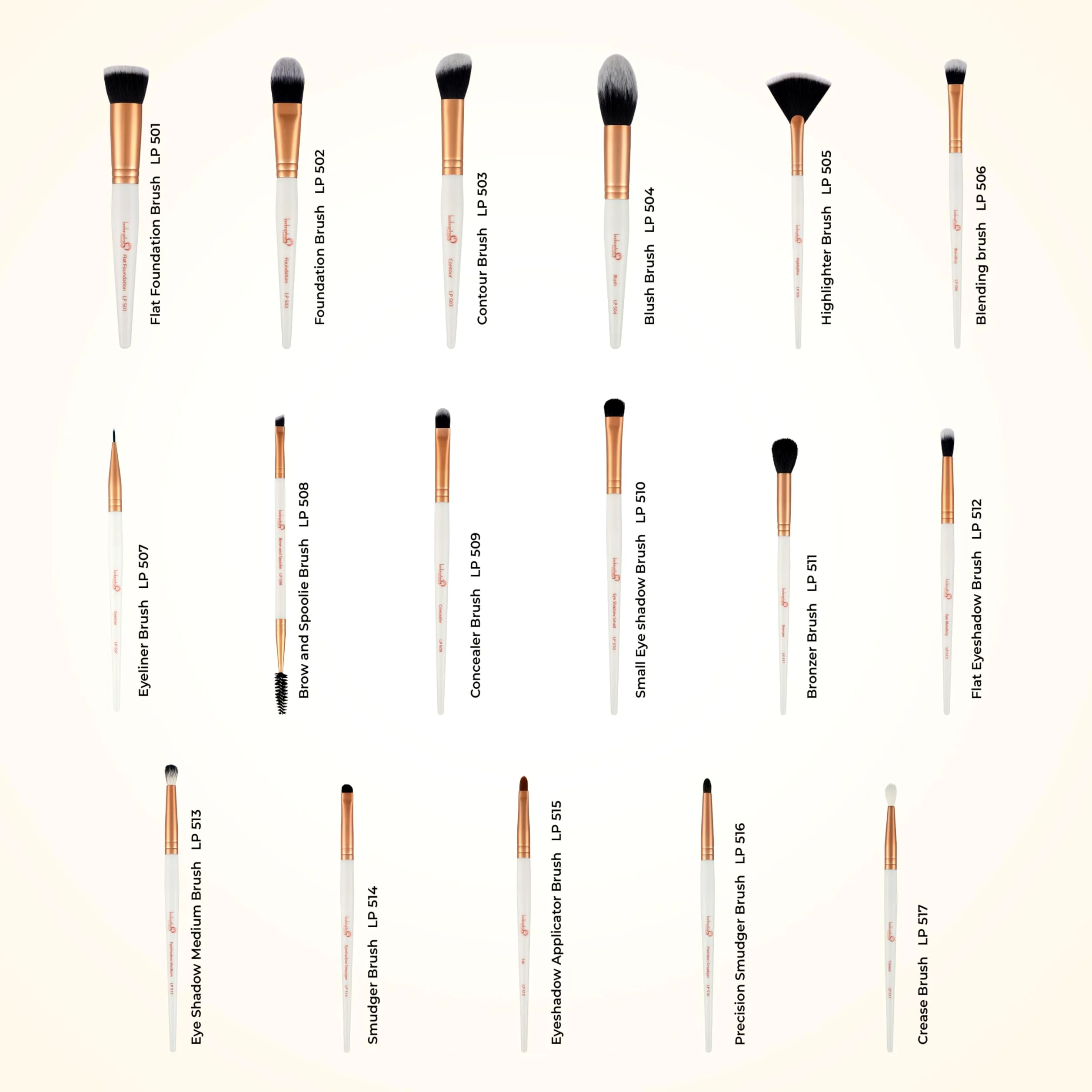 London Prime, set di pennelli professionali da trucco, 17 pezzi, con fondotinta, correttore, ombretto, cipria, fard, contouring, illuminante, eyeliner, labbra, sfumatura e viso.