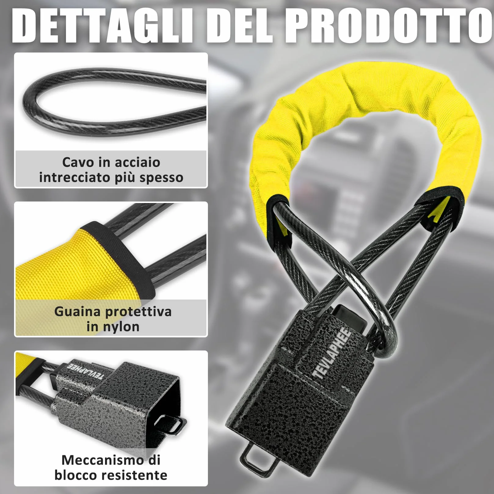 Tevlaphee Blocca Sterzo Automobile Antifurto Testa in Metallo Universale 3 Chiavi Giallo