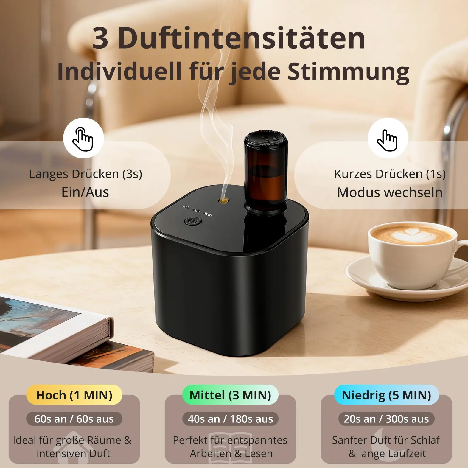 Diffusore senza fili per oli essenziali, diffusore di aromaterapia con olio di tè bianco da 10 ml e 3 modalità di spruzzo, aria fredda ad ultrasuoni silenziosa, batteria da 2000 mAh e USB-C, per casa