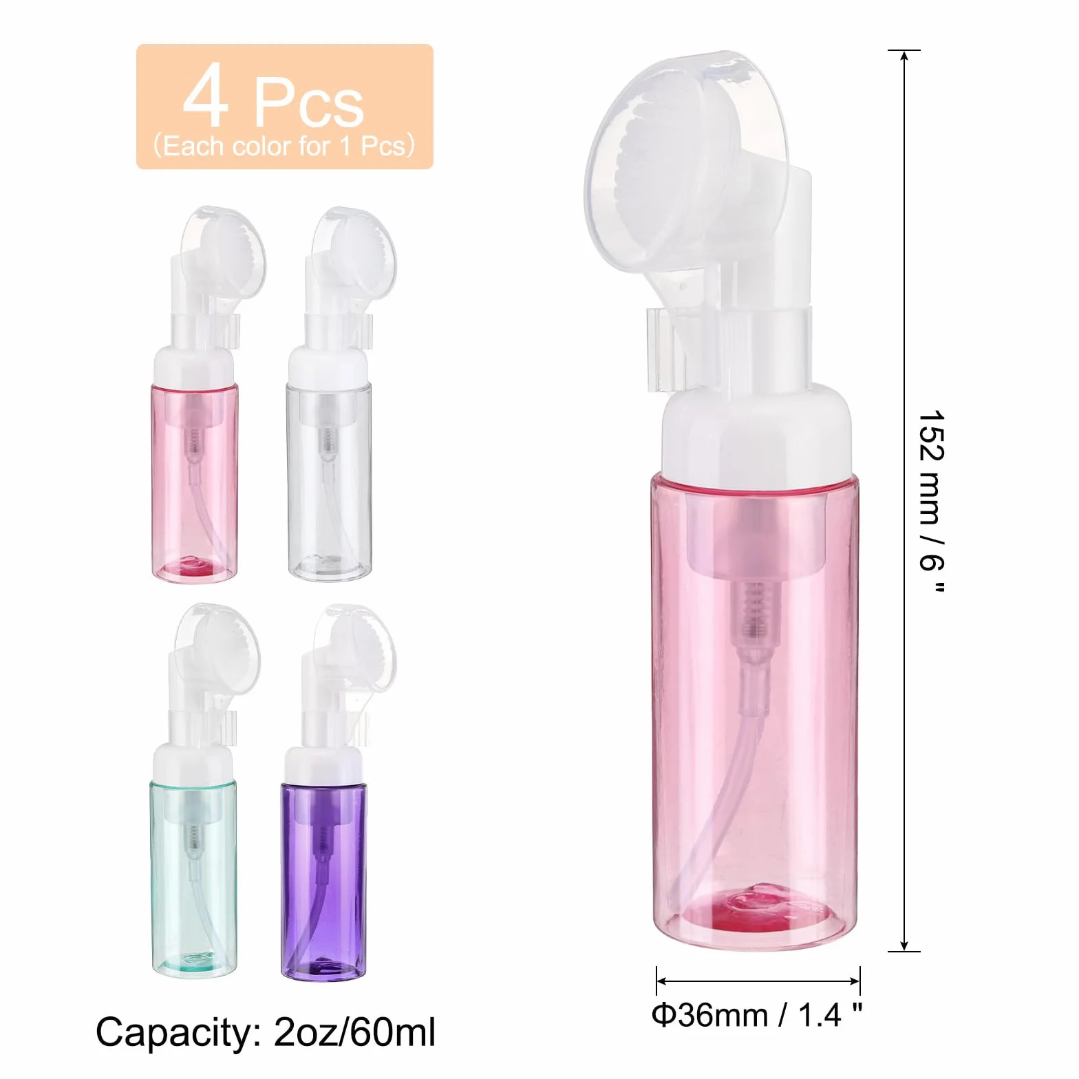 QUARKZMAN 4pz Distributore Sapone Schiumogeno Vuoto, 2oz/60ml Flacone Schiuma Detergente Viso Bottiglie Viaggio con Spazzola per Sapone Liquido Chiaro/Viola Chiaro/Verde Chiaro/Rosso Chiaro