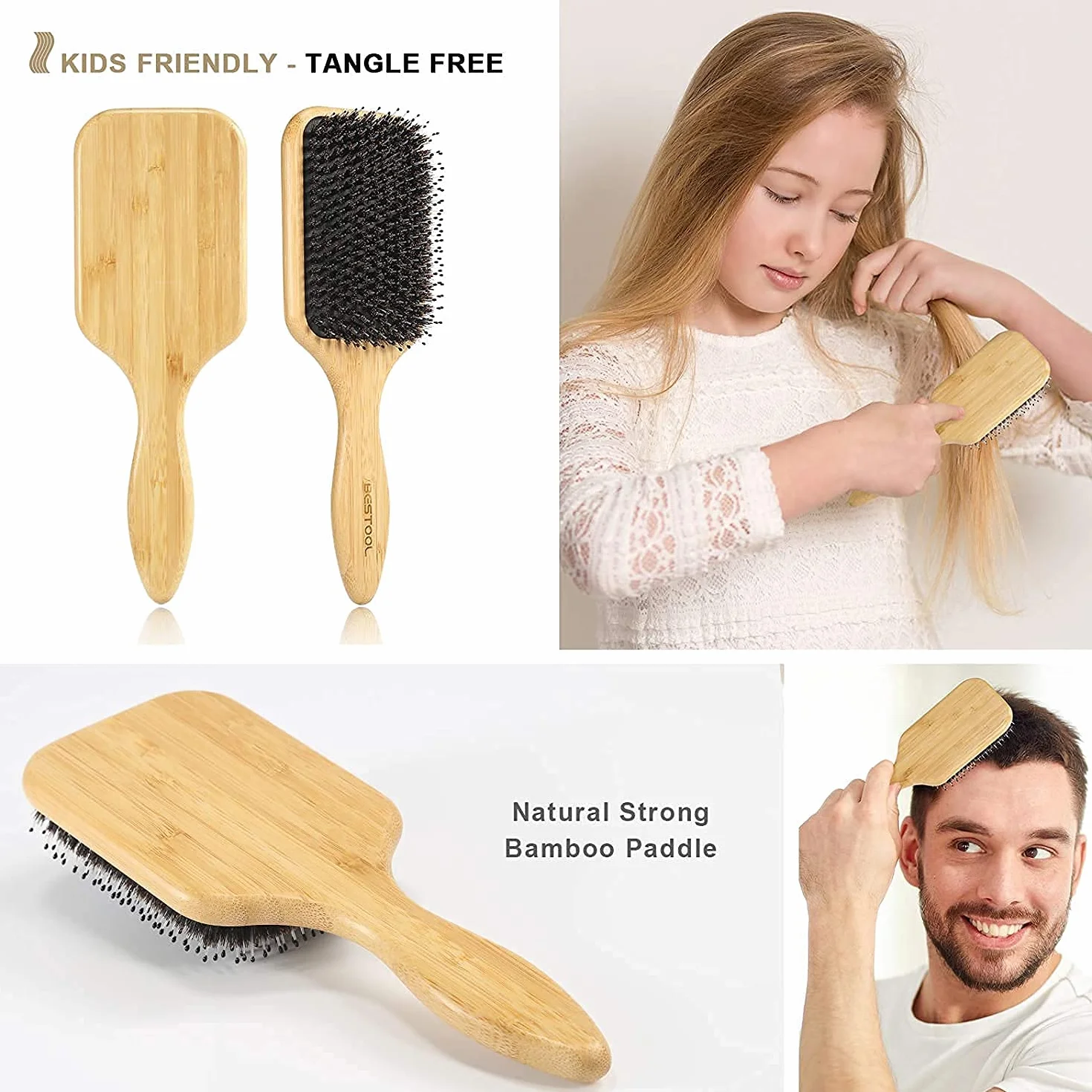 BESTOOL Spazzola per capelli in setole di cinghiale legno naturale massaggio anti statico grande per donna uomo bambino
