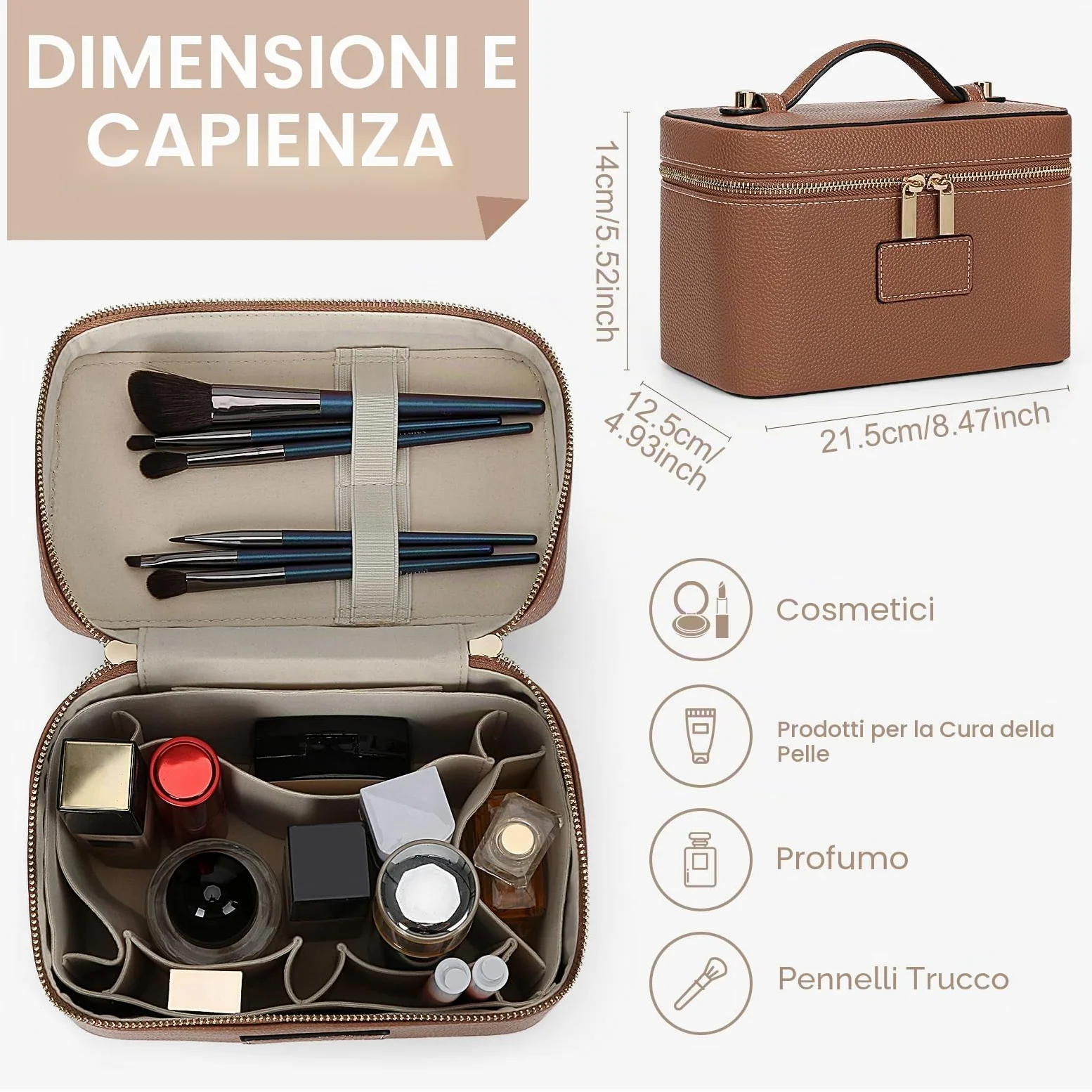 HiTotes, trousse per trucchi, borsa da viaggio in pelle per articoli da toeletta, organizer per trucchi con divisore rimovibile per uso quotidiano, 02-marrone, 21.5cm