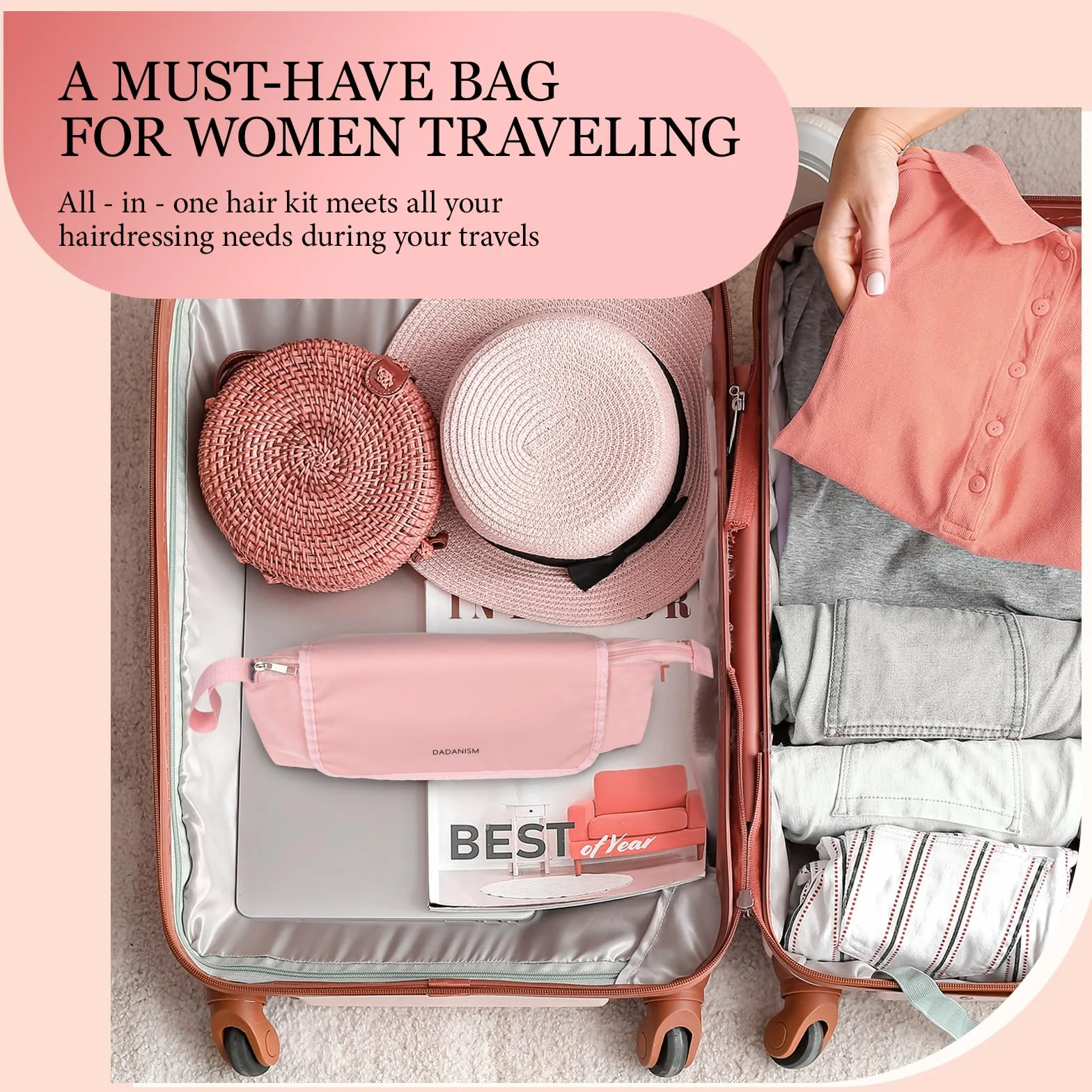 Dadanism Kit per Parrucchieri, Borsa da Viaggio per Strumenti per Capelli con Tappetino Termoresistente Rimovibile, Organizzatore 2 in 1 per Arricciacapelli, Piastra e Accessori da Donna, Rosa