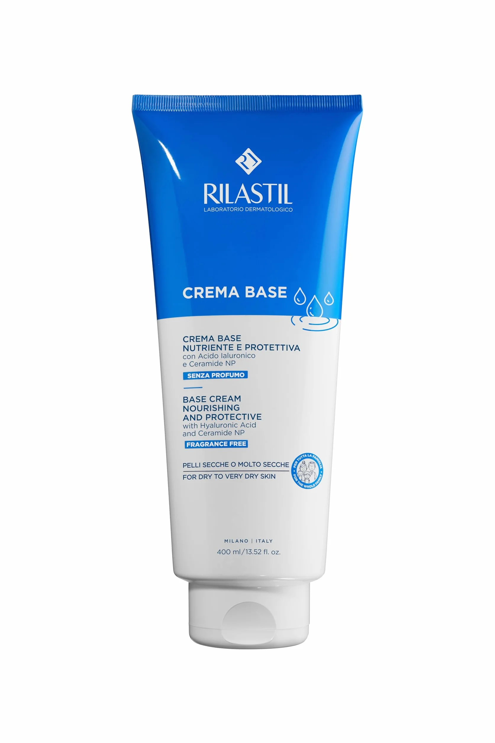 Rilastil Crema Base, Crema Idratante per Viso e Corpo, Senza Profumo, per Pelle Secca e Molto Secca, Adatta a Tutta la Famiglia, 400 ml