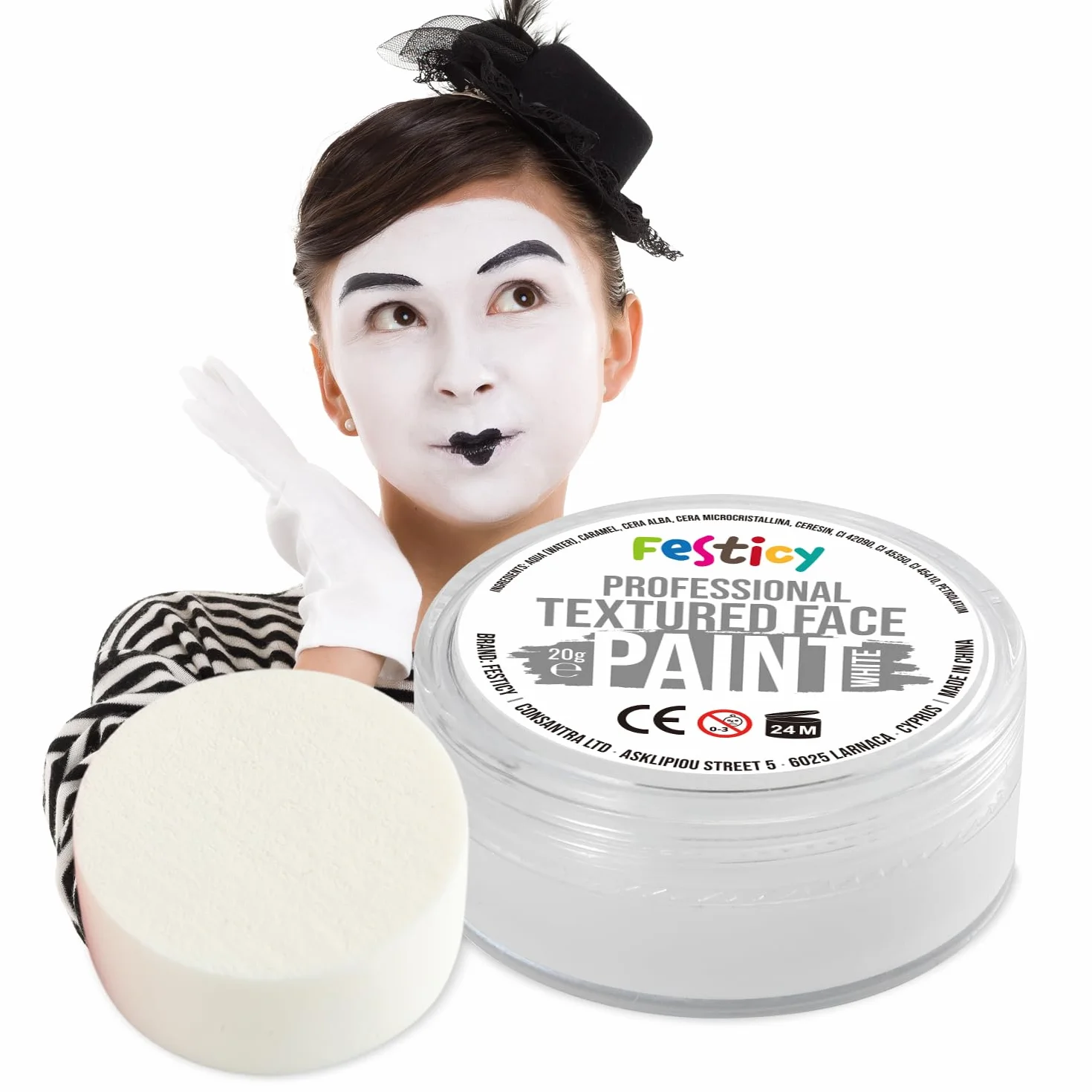 Festicy Premium Pittura per viso I 20g colori per il viso e corpo ed una spugna I face paint trucchi da viso per travestimenti, per Carnevale e Halloween, truccabimbi per bambini ed adulti (Bianco)