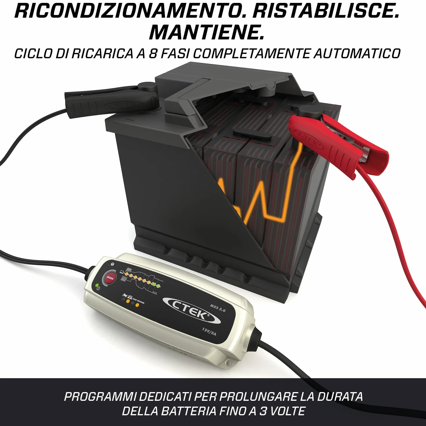 CTEK MXS 5.0 Caricabatterie 12V 5A Intelligente con Compensazione Temperatura e Ricondizionamento