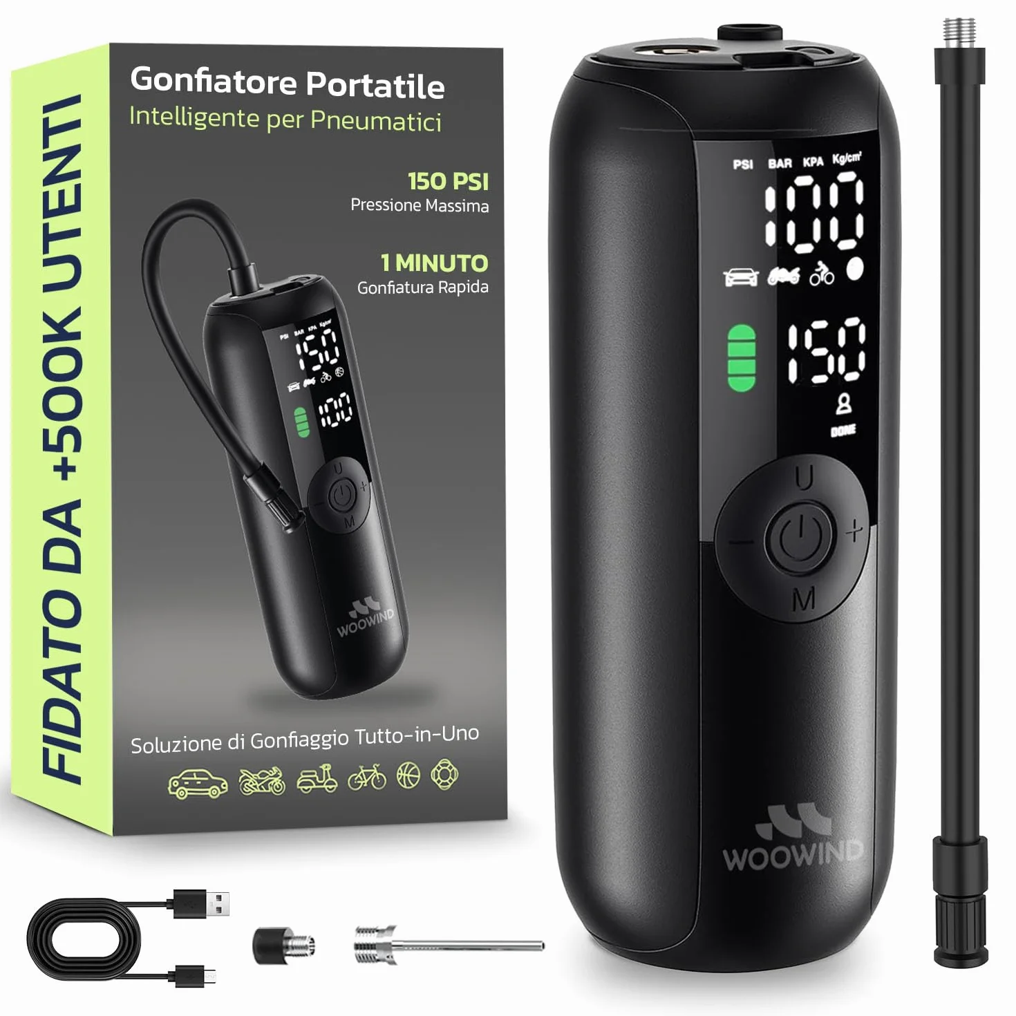 Woowind Compressore Aria Portatile 150PSI Pompa Elettrica per Bicicletta con Spegnimento Automatico Schermo LCD Luce LED