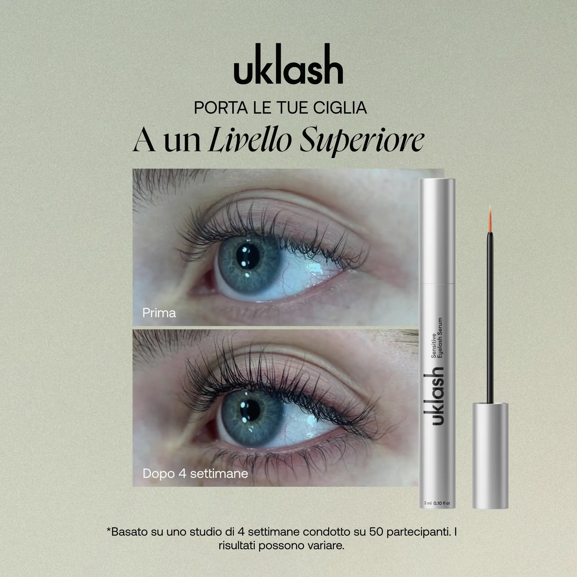UKLASH | Siero per Ciglia Sensibili- 3ml - per Ciglia più Folte, a base di Peptidi, Vegani e studiati, per occhi sensibili