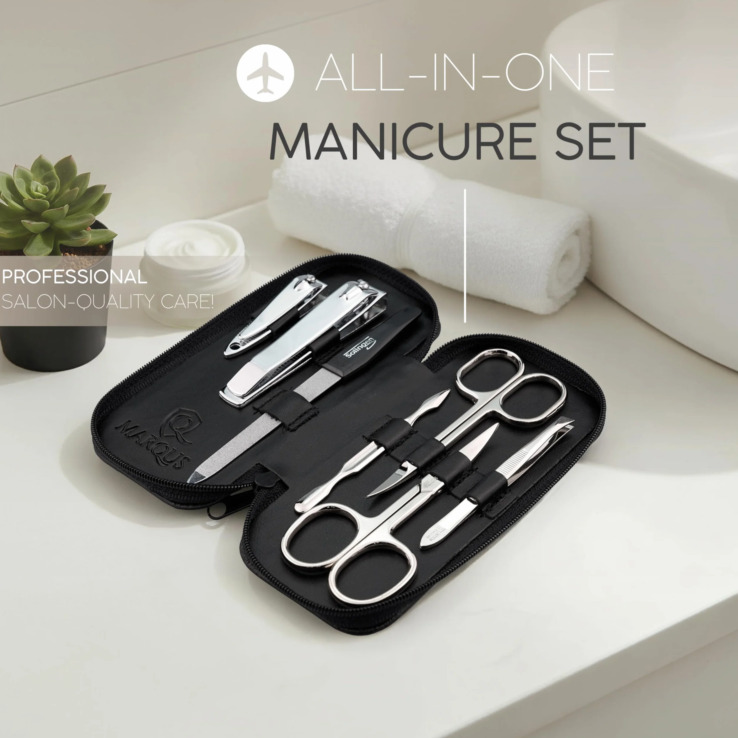 Solingen Set Manicure Uomo e Donna 7 Pezzi – Kit con Etui in Vera Pelle Forbicine Strumenti Mani Piedi