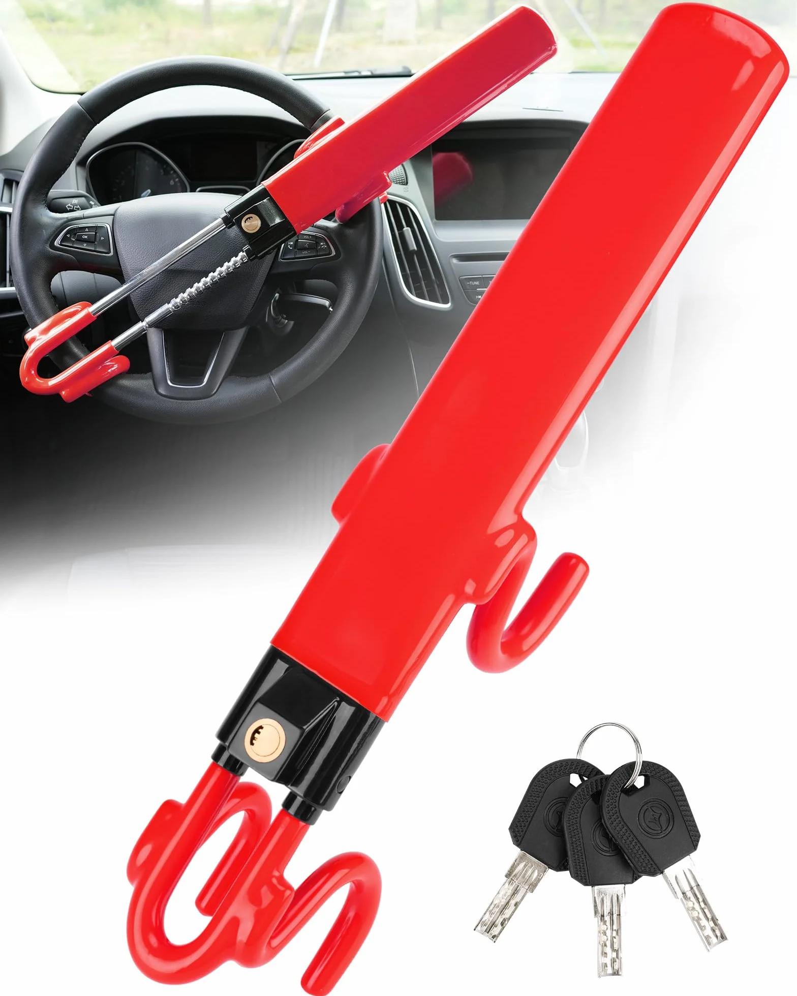 Tevlaphee Blocca Sterzo Automobile, Bloccasterzo Auto, Alta Visibilità, 3 Chiavi (Rosso)