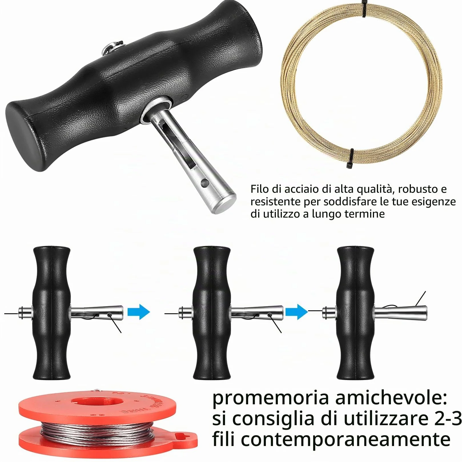 Kit Rimozione Parabrezza Auto 5 Strumenti: 2 Manici Filo Taglio 3 Rotoli Filo