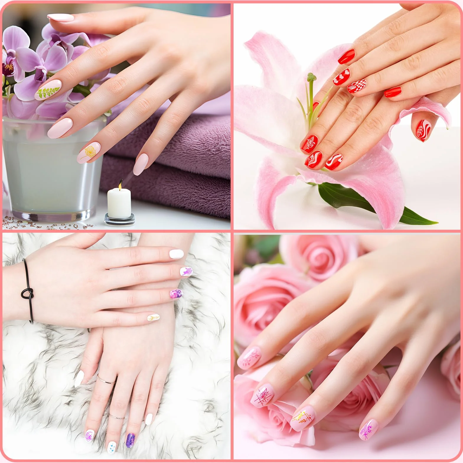 MWOOT 4 Pezzi Stamping Nail Art, Linee Fiore Foglie Luna Gatto Stencil Unghie Nail Art, Unghie Piastre French Manicure Nail Piastra, Unghie Timbro Scraper Piatti Templates per Decorazione Unghie