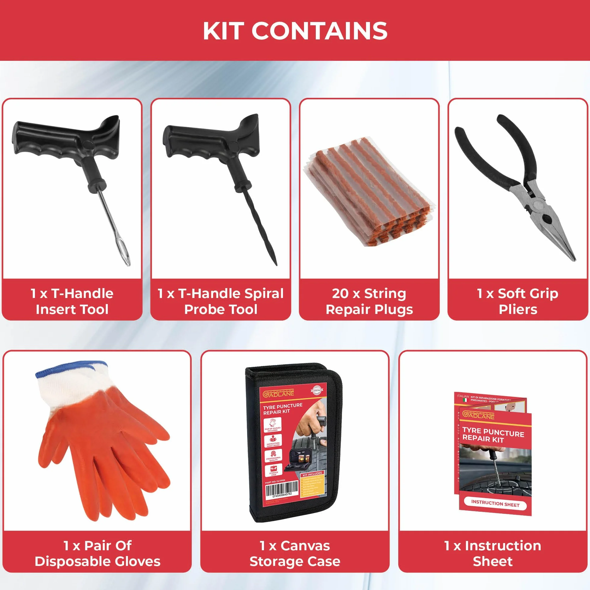 GADLANE Kit Riparazione Pneumatici Auto 26pc Foratura Moto Tubeless Emergenza Ripara Gomme