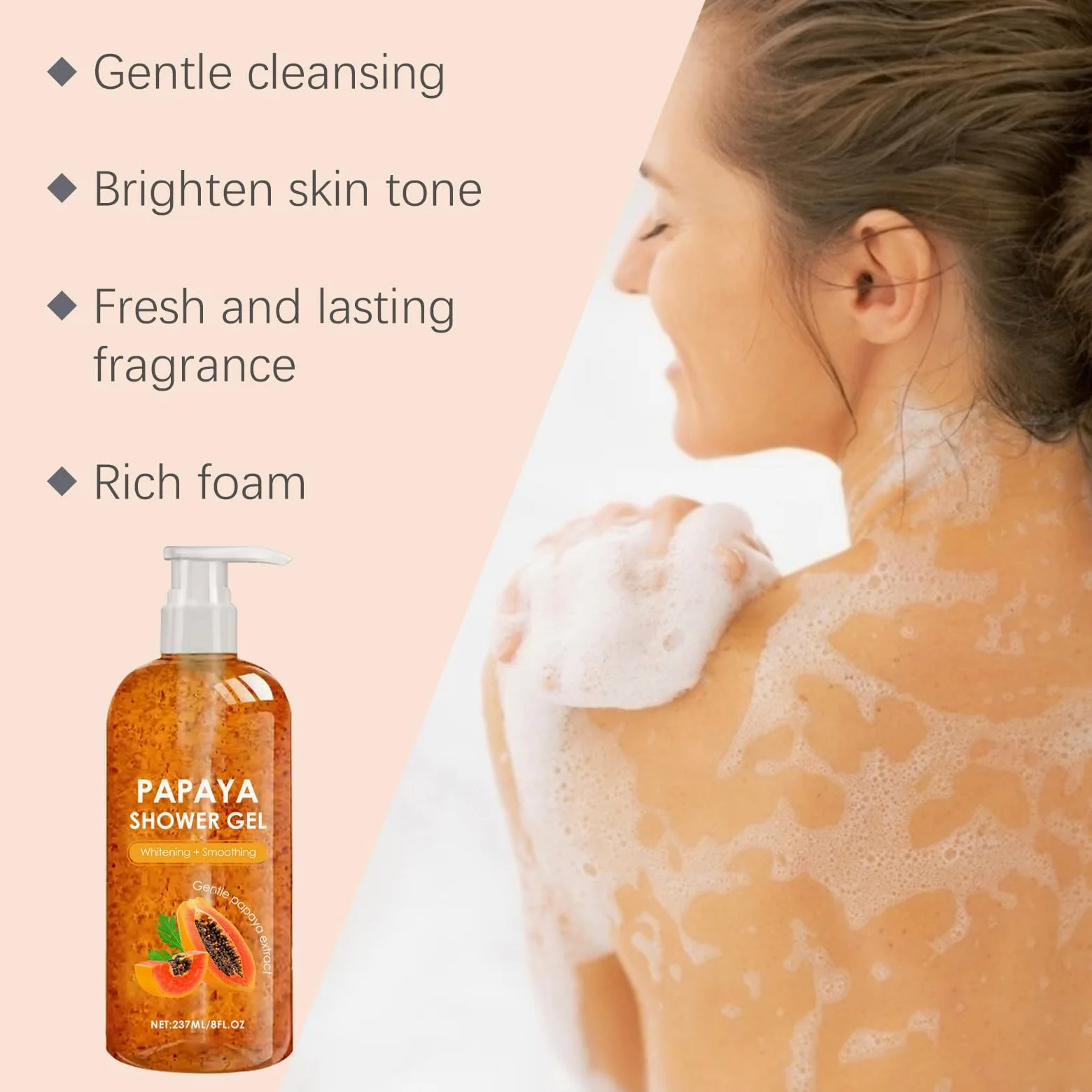 Gel doccia naturale Papaya con estratti vegetali per l'idratazione, detergente per il corpo leggero idratante, pulizia delicata e profumo rinfrescante, crea schiuma setosa (3 pezzi)