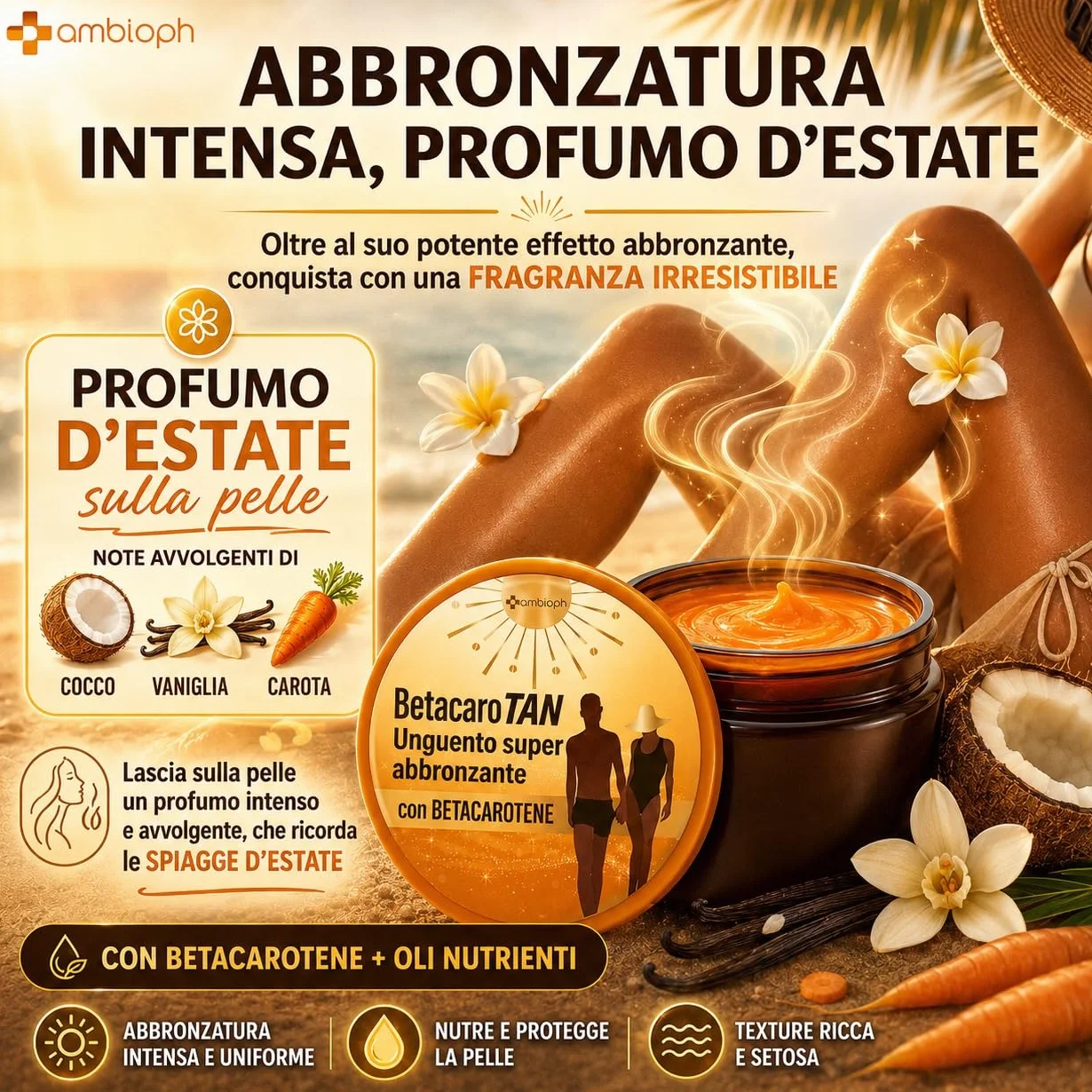 Crema Abbronzante Corpo Acceleratore con Betacarotene Vitamina E Olio di Ricino e Mandorle Dolci