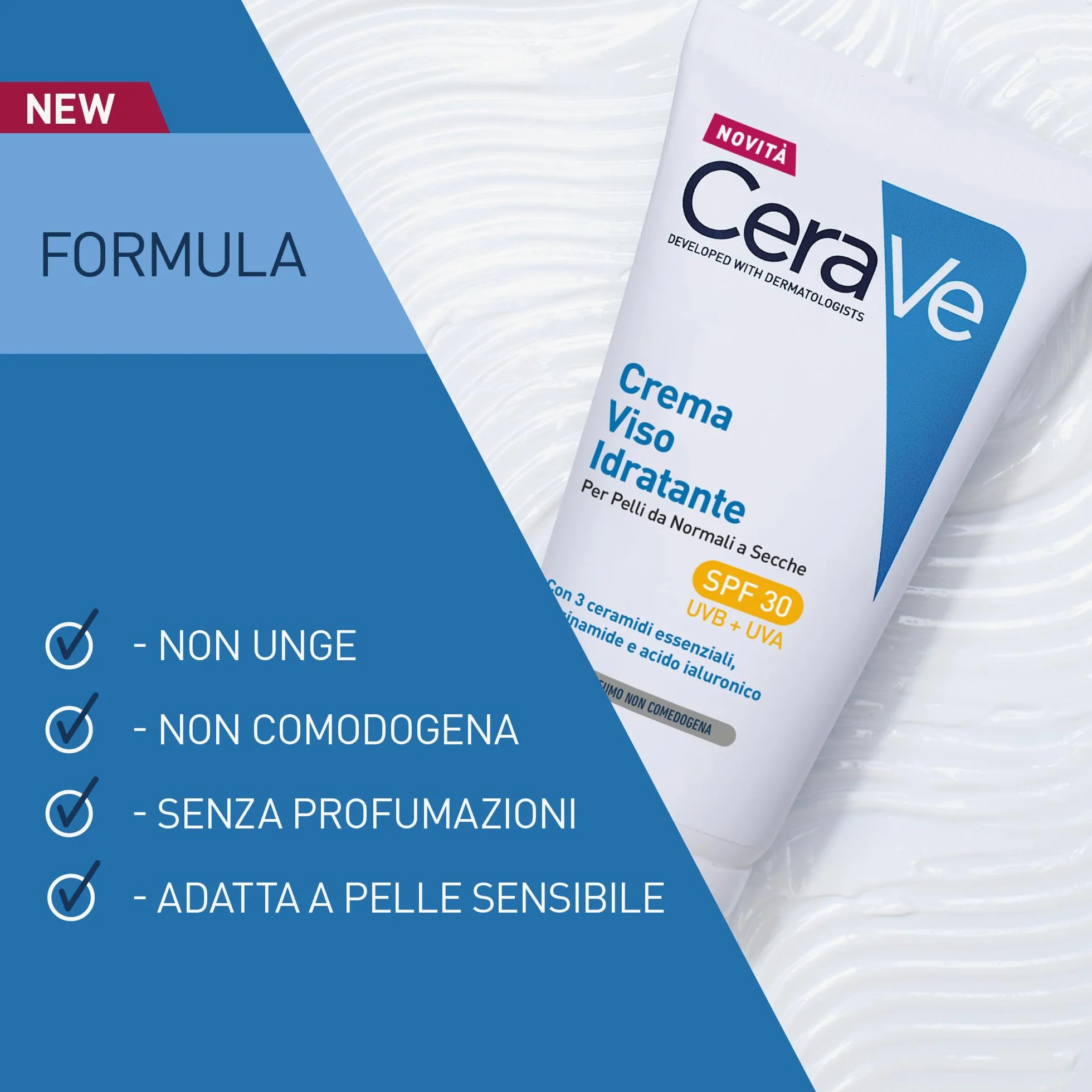 CeraVe Crema Idratante Viso SPF 30, Per Pelli da Normali a Secche, Idratazione Profonda, Ad Assorbimento Rapido, Con Protezione Solare SPF 30 e Acido Ialuronico, 52 ml