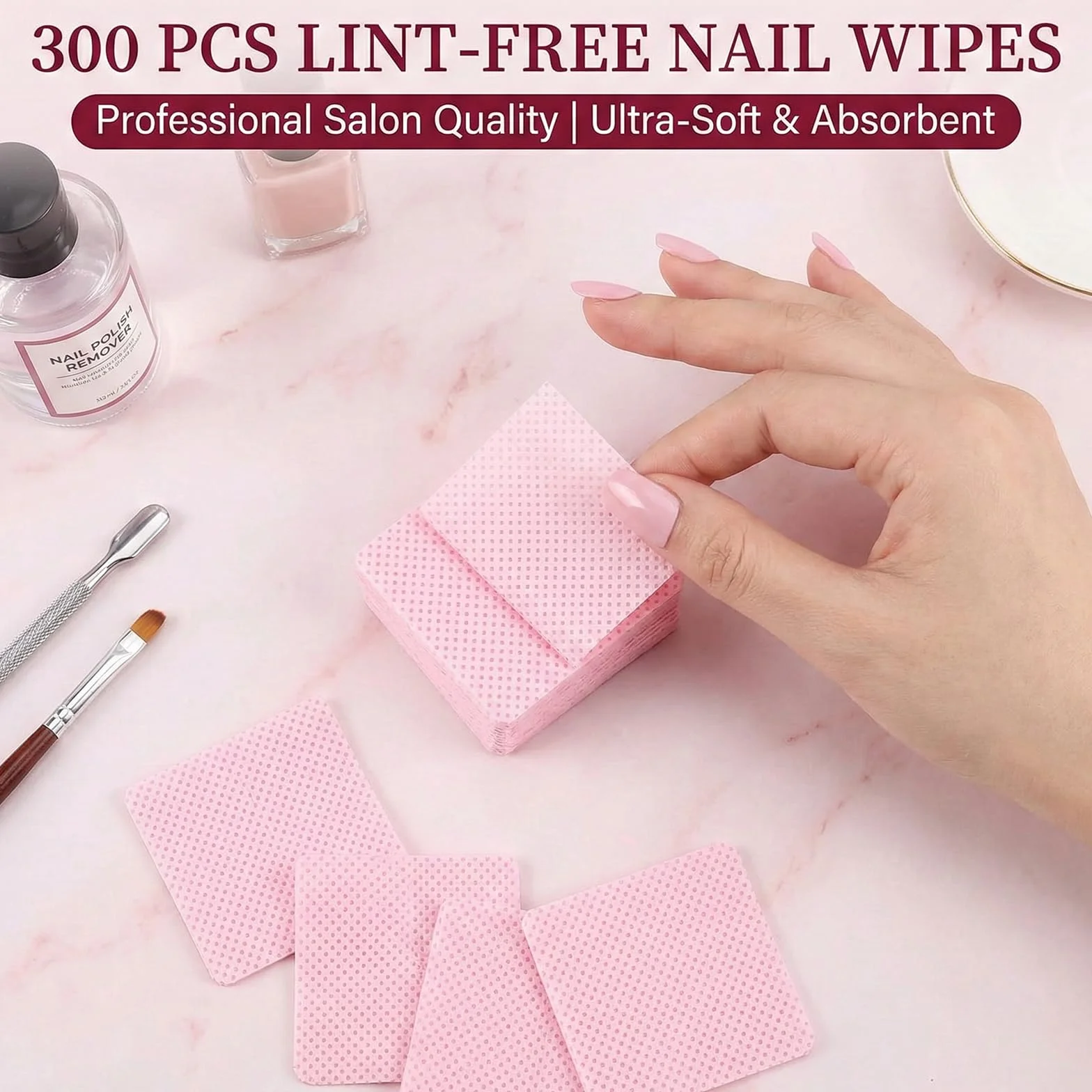 300 Pezzi Pad Senza Pelucchi per unghie in Cellulosa Quadrate, Salviette per Unghie, Unghie Rimozione Pulizia Pads per Rimuovere Smalto e Gel per unghie fai da te e saloni (Rosa)