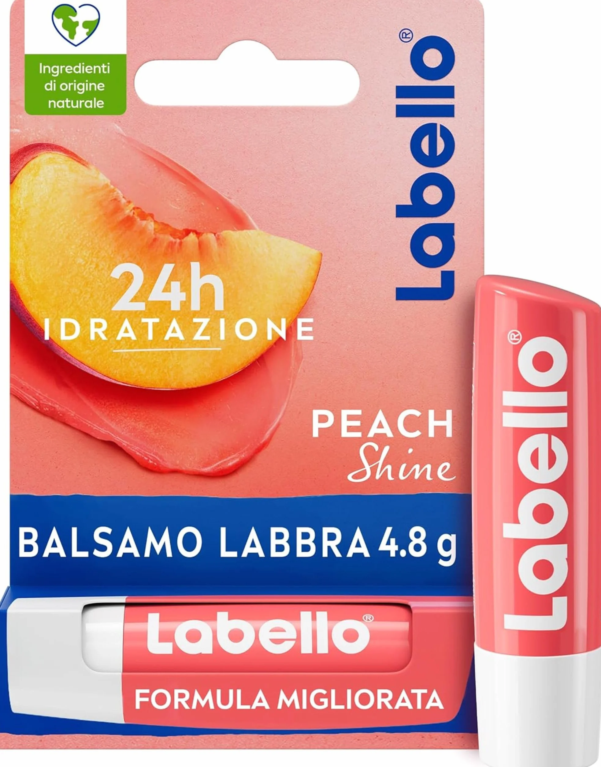 Labello Peach Shine Burrocacao Labbra 4.8 g, Balsamo Labbra Colorato All'Aroma Di Pesca, Lip Balm Idratante 24H Con Burro Di Karité E Ingredienti Naturali, Con Pigmenti Colorati