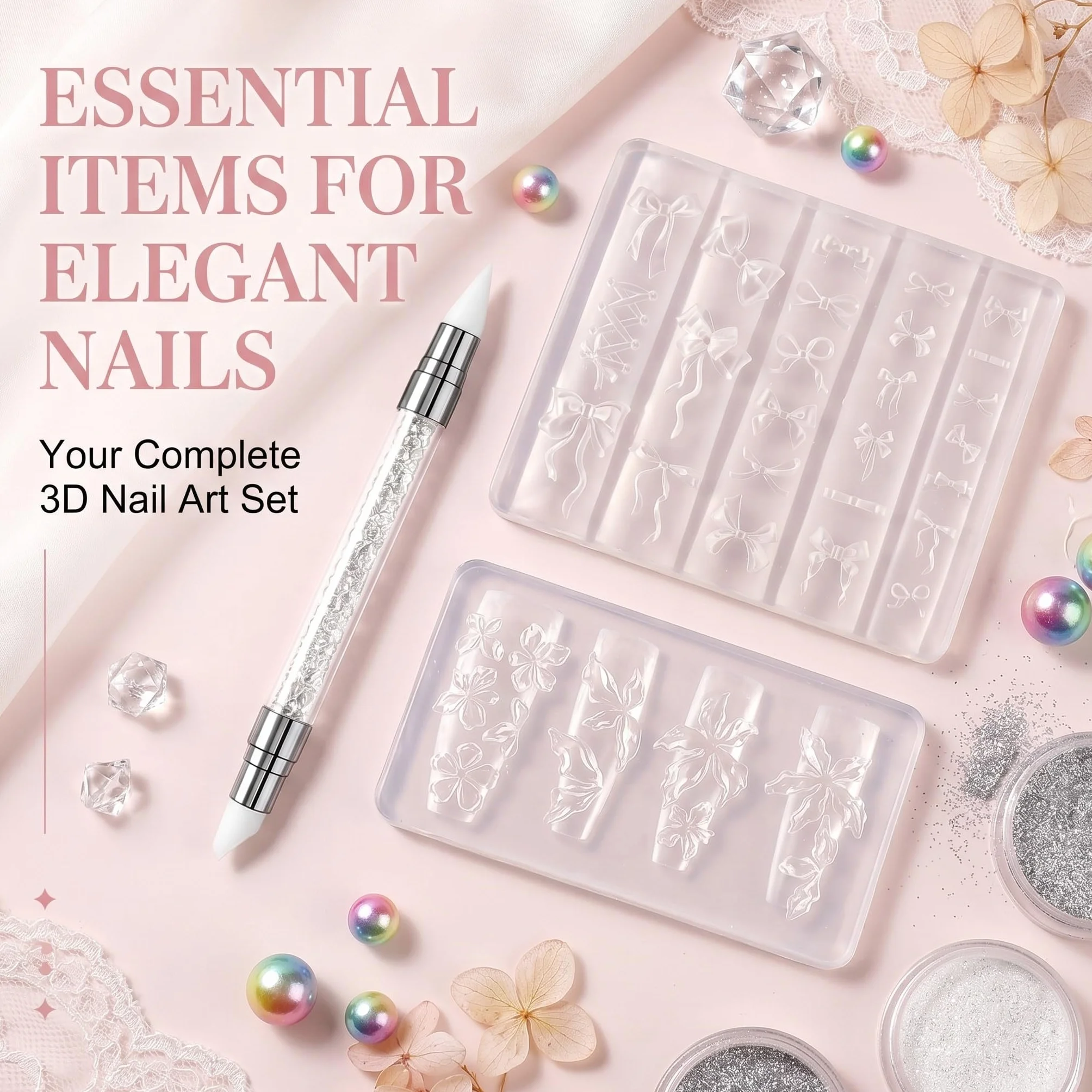 2 Pezzi Stampi per Unghie in Silicone 3D con Penna, Formine per Decorazioni Nail Art a Forma di Fiori e Fiocchi, Stampo Trasparente per Manicure Fai da Te, Accessori Professionali per Unghie