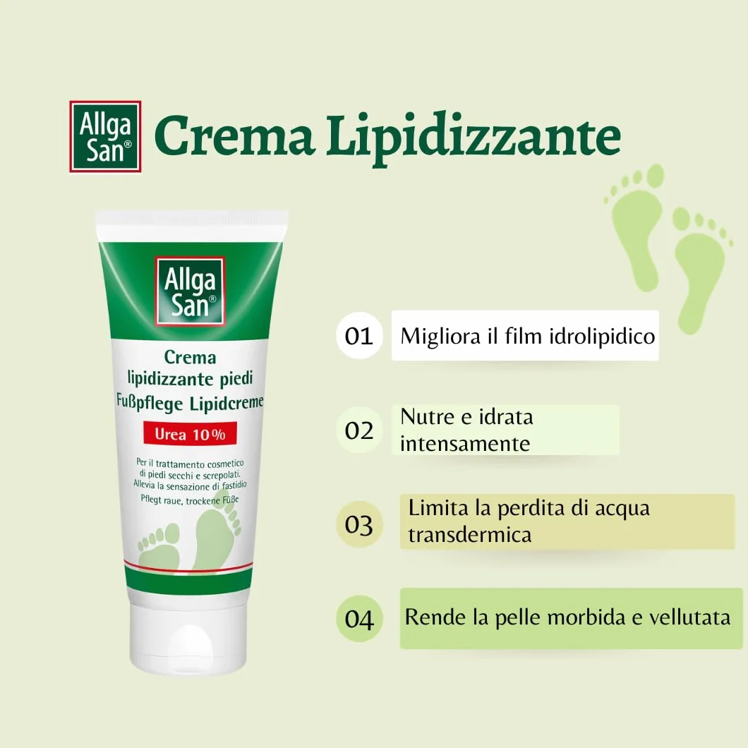 Allga San Crema Piedi Lipidizzante - Crema Piedi Secchi e Screpolati con Urea 10%, 100 ml - Piedi Morbidi e Vellutati dalle Prime Applicazioni - Aiuta a Contrastare Disidratazione e Secchezza Piedi