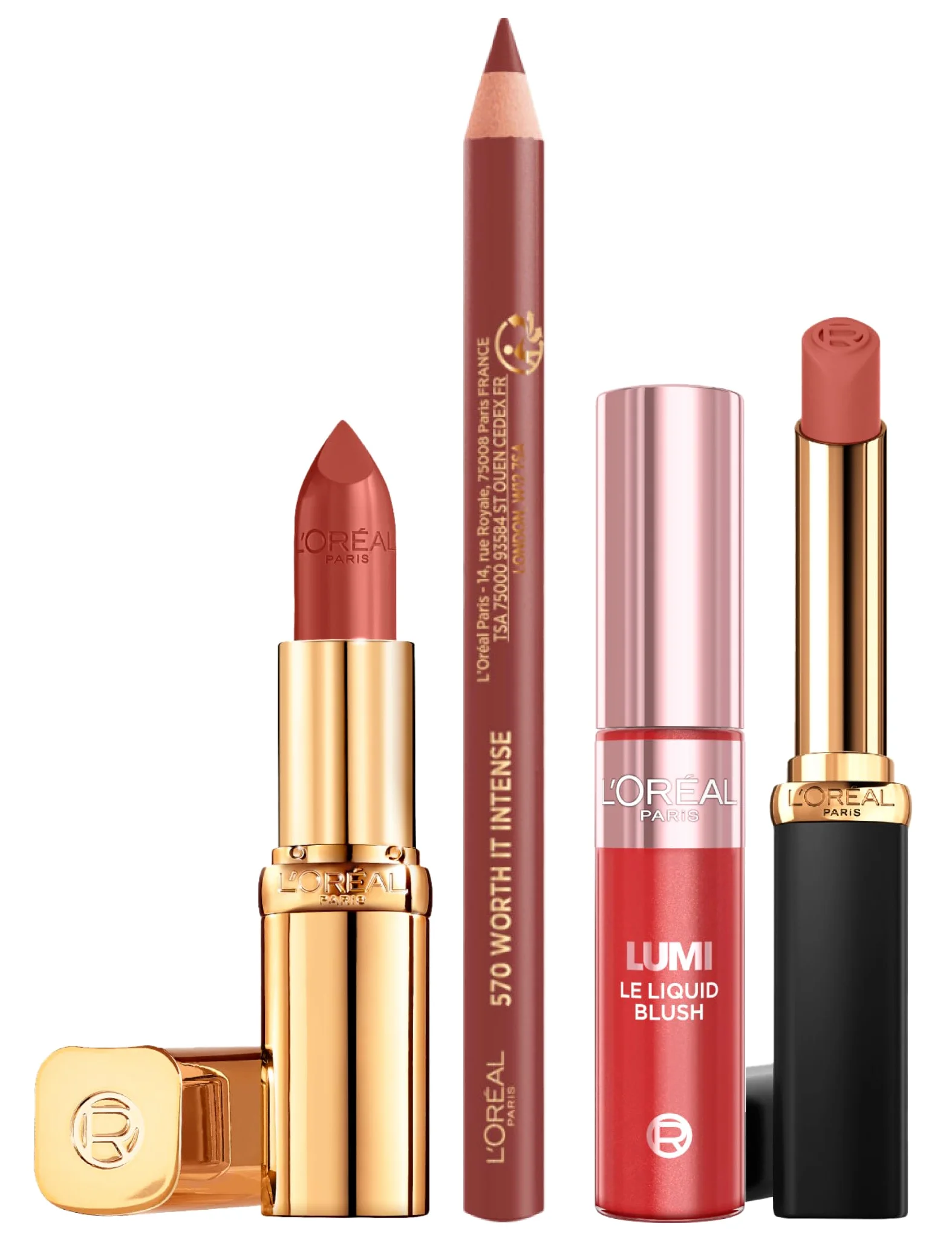 L'Oréal Paris Rossetto 635 Worth It Medium 40Y Color Riche Intense Volume Matte + Satin + Matita Labbra Color Riche 570 Worth It Intense + Blush Lumi Le Liquid 635 Glowy Worth It Medium - Set da 4