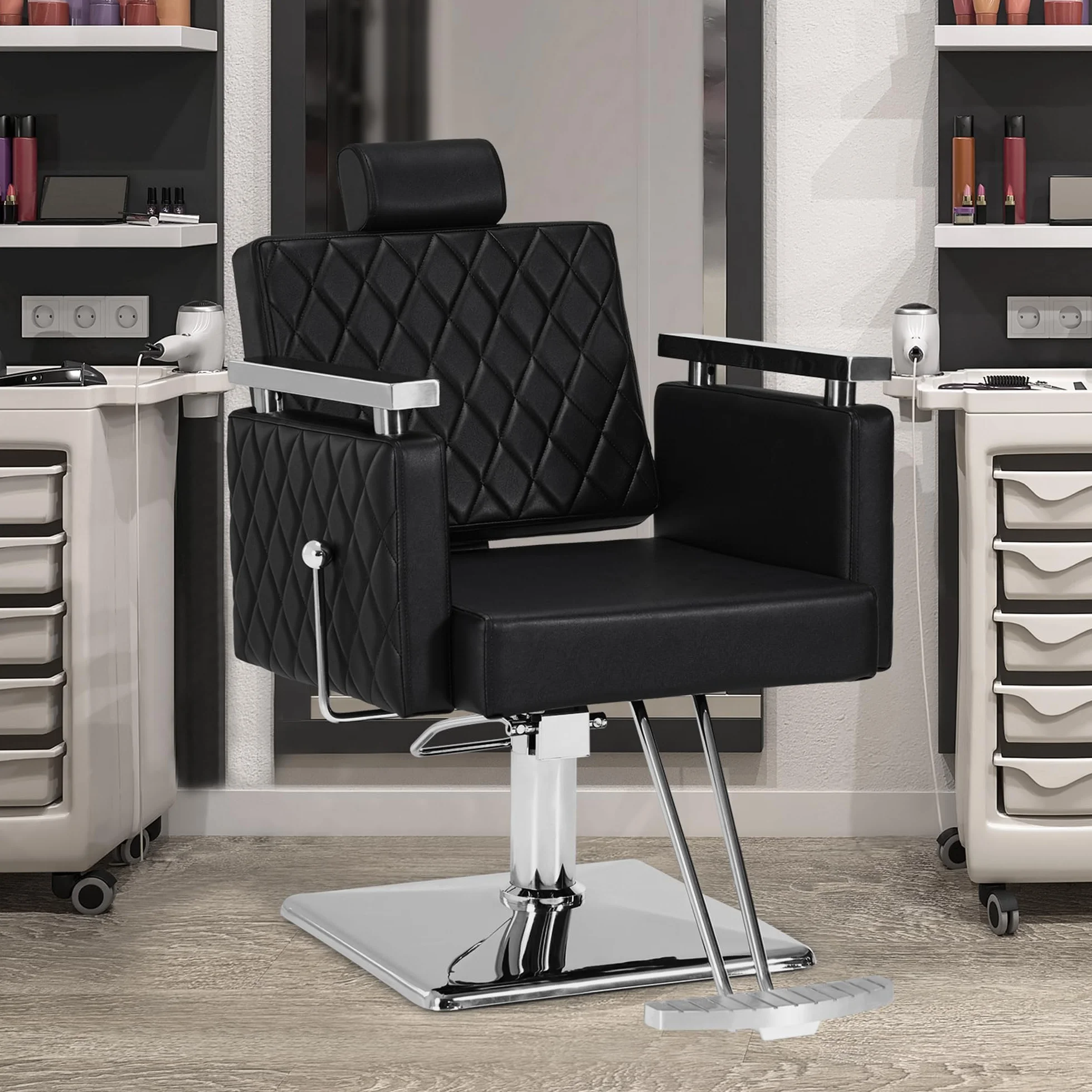 Barberpub Sedia da parrucchiere con poggiatesta inclinabile, con pompa idraulica, girevole a 360°, dispositivo da parrucchiere, regolabile in altezza, sedia per lo styling in PVC, 2073 (nero)