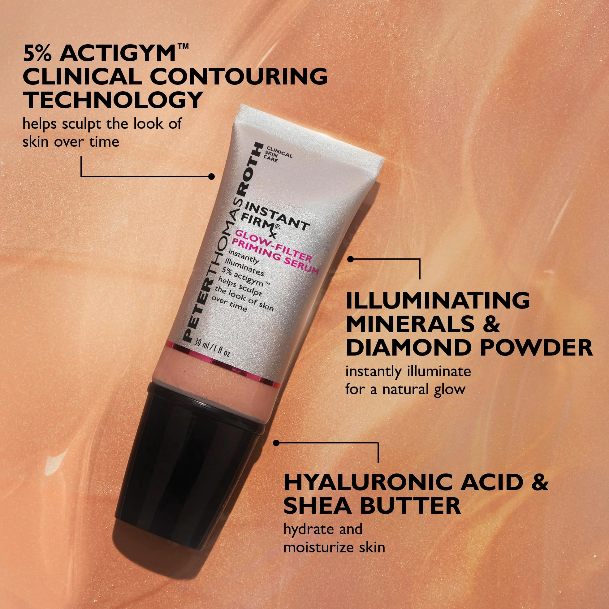 Peter Thomas Roth Instant FIRMx Glow-Filter Priming Serum - Siero primer illuminante con effetto lifting visibile, con tecnologia Actigym e polvere di diamante, 30 ml