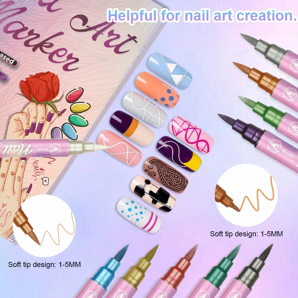 AOOWU Penne per Nail Art, 10 Penne Smalto per Unghie Nail Art, Smalto in Penna per Pittura Decorazioni Unghie per Disegno, Penna per Fai Da te Graffiti Pen Manicure Strumenti Bellezza（Bicefalo）