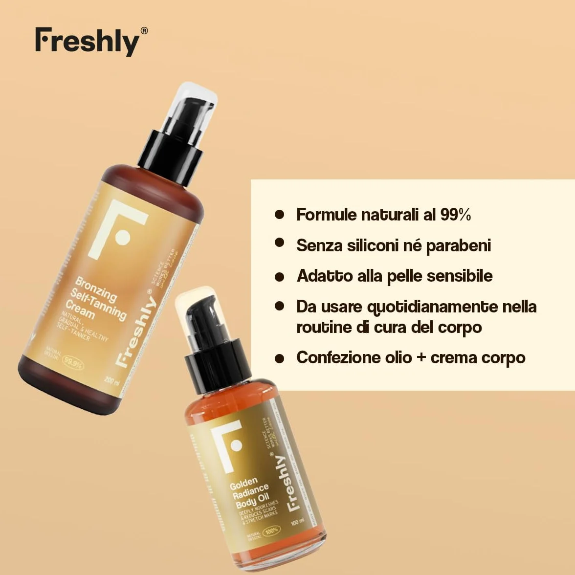 Freshly Cosmetics Golden Bronze Body Pack Autoabbronzante Olio Nutriente Crema 100ml 200ml