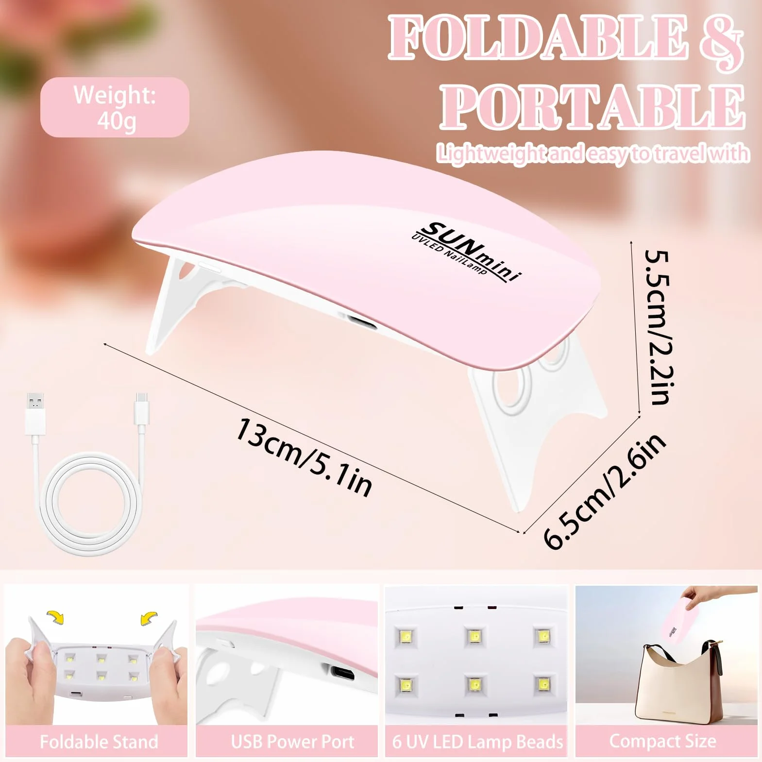 Pavlleen Mini Lampada UV LED per Unghie, Asciuga Unghie con Cavo USB, Petit Asciuga Gel Portatile Pieghevole con Timer da 60 e 120 Secondi per Salone per Unghie, Casa, Viaggi (Rosa)