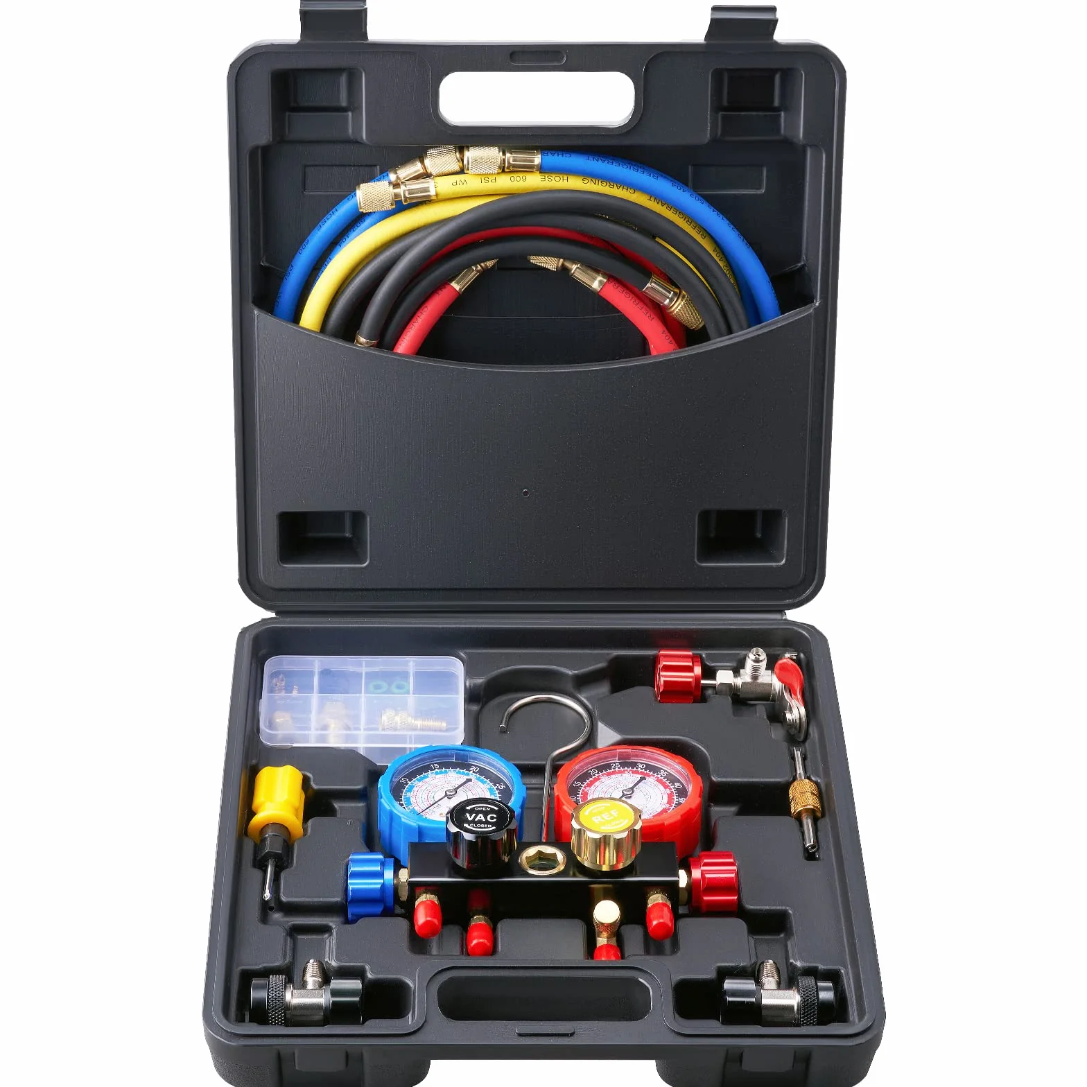 VEVOR Set Manometro Refrigeranti 4 Vie R134A R410A R22 Aria Condizionata, Indicatore Collettore AC 3 Adattatori Valigetta 31x30x8,5cm