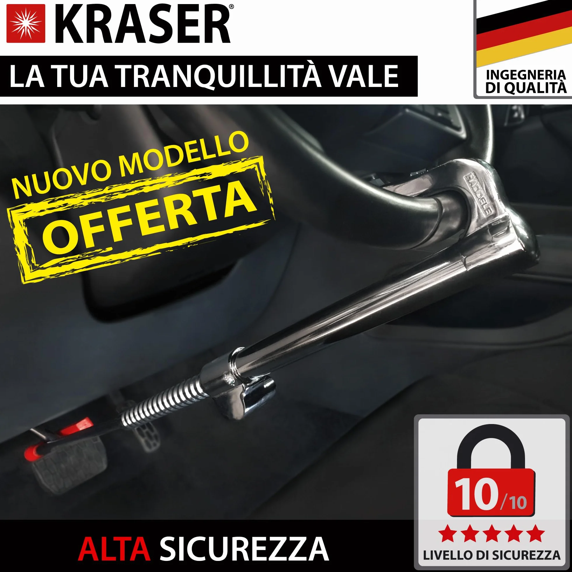 KRASER KR837 Antifurto Auto Blocca Sterzo Pedale Alta Sicurezza Compatta Gancio Telescopico