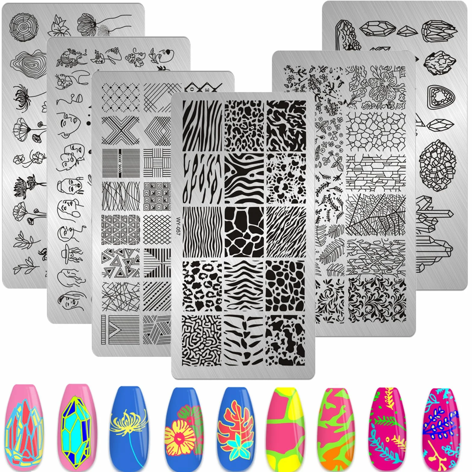 MWOOT 6 Pezzi Stamping Nail Art, Stampa Leopardo Geometria Fiore Foglia Stencil Unghie Nail Art, Unghie Piastre Manicure Nail Piastra, Unghie Timbro Scraper Piatti Templates per Decorazione Unghie
