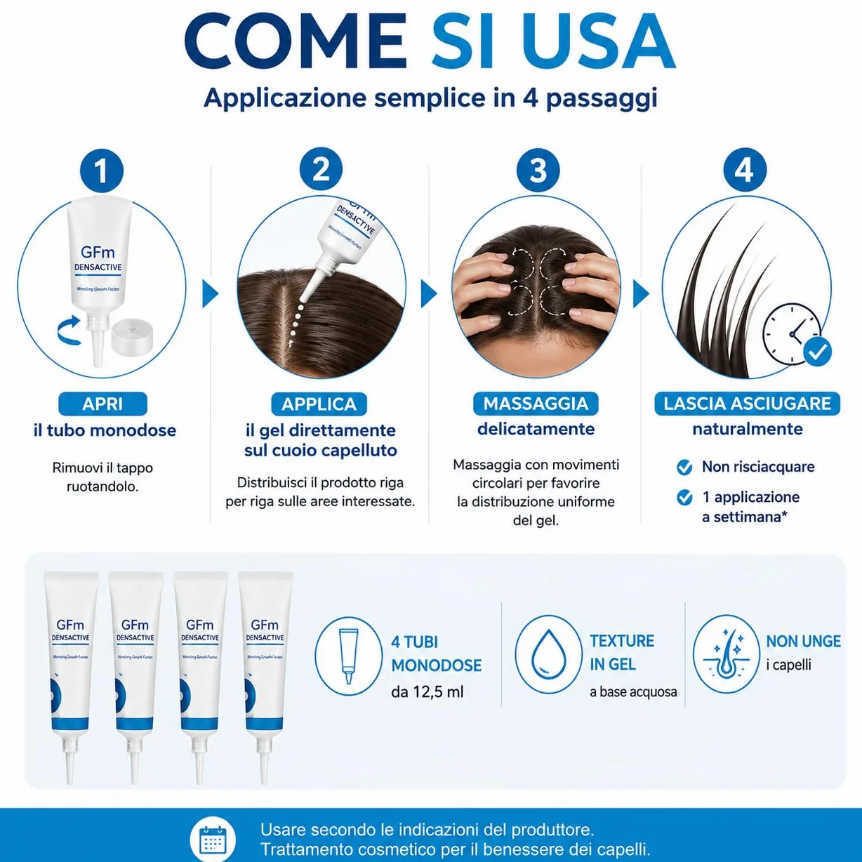 GFM Densactive Gel Trattamento Anticaduta Capelli Uomo Donna Rinforzante | 4 tubi da 12,5 ml - AZIONE RINFORZANTE PER CAPELLI PIÙ FORTI E DALL'ASPETTO PIÙ DENSO - FACILE DA UTILIZZARE
