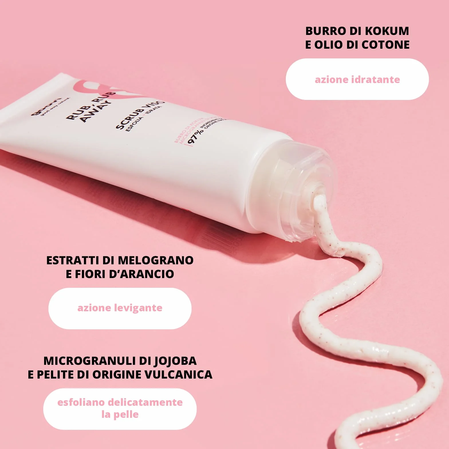 Goovi, Rub Rub Away Scrub Viso Delicato, Esfoliante e Idratante con Burro di Kokum e Olio di Cotone Antiossidante e Rigenerante, Formula con Microgranuli di Jojoba Effetto Peeling, Formato da 75 ml