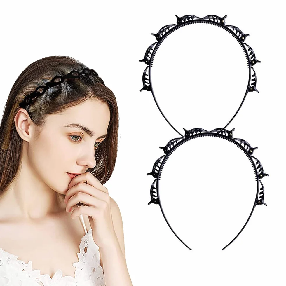 Fascia per capelli a doppio strato nera con clip per donne