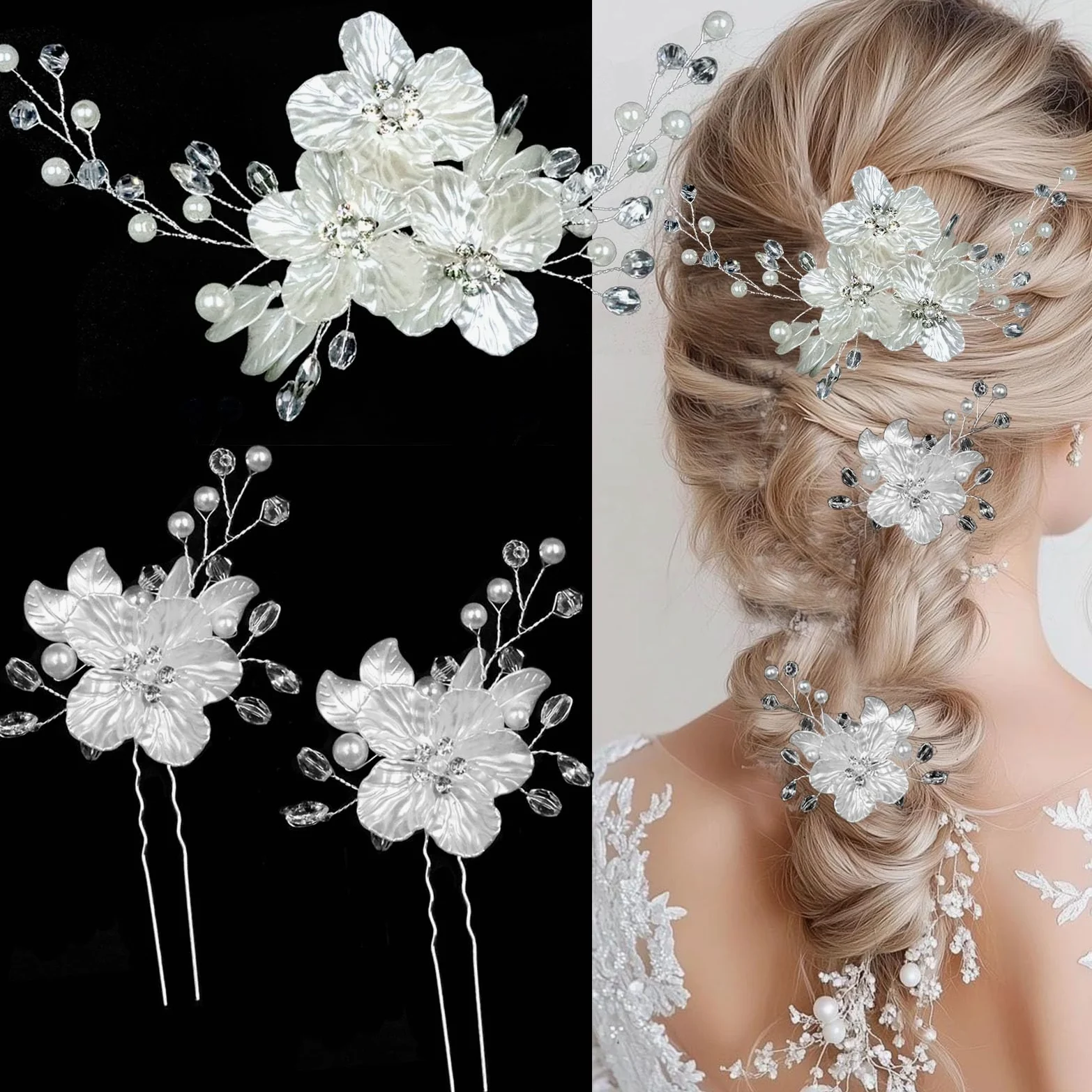 3 forcine per capelli da sposa con perle di cristallo, accessori per capelli da sposa, gioielli con strass, glitter in rilievo fiore bianco