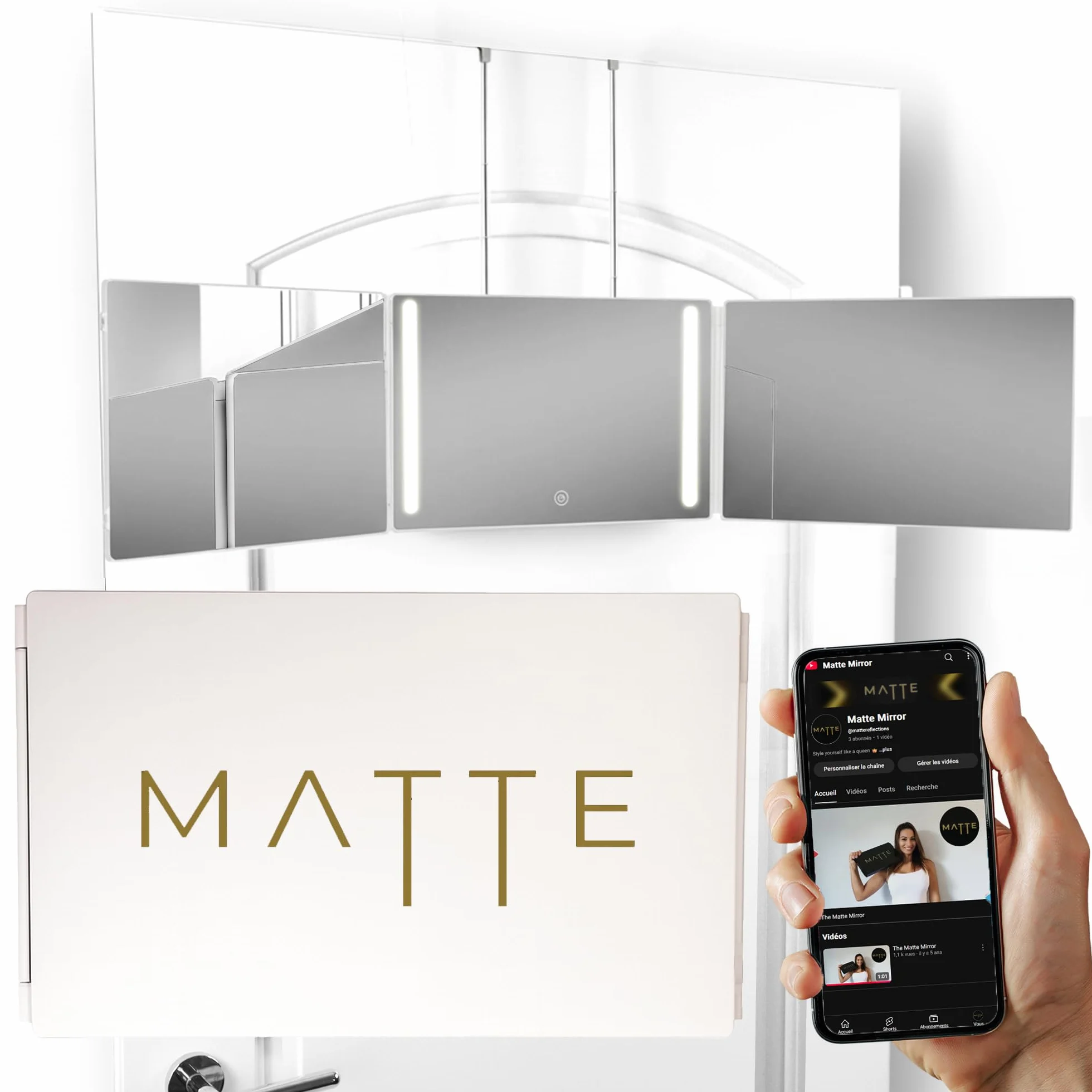 Specchio trittico LED 360° per capelli, altezza regolabile, 3 lati pieghevoli