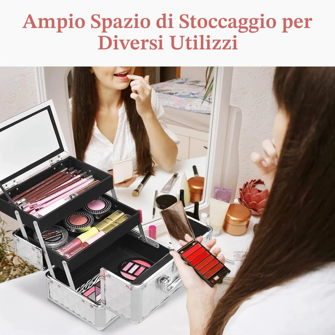 LIFEZEAL Valigetta Rigida Professionale per Trucchi a 3 Livelli, Porta Cosmetici, Trousse, Scatola, Beauty Case, Organizer Makeup, con Specchio, Manico e Chiusura, 23x15x18 cm, Argentato