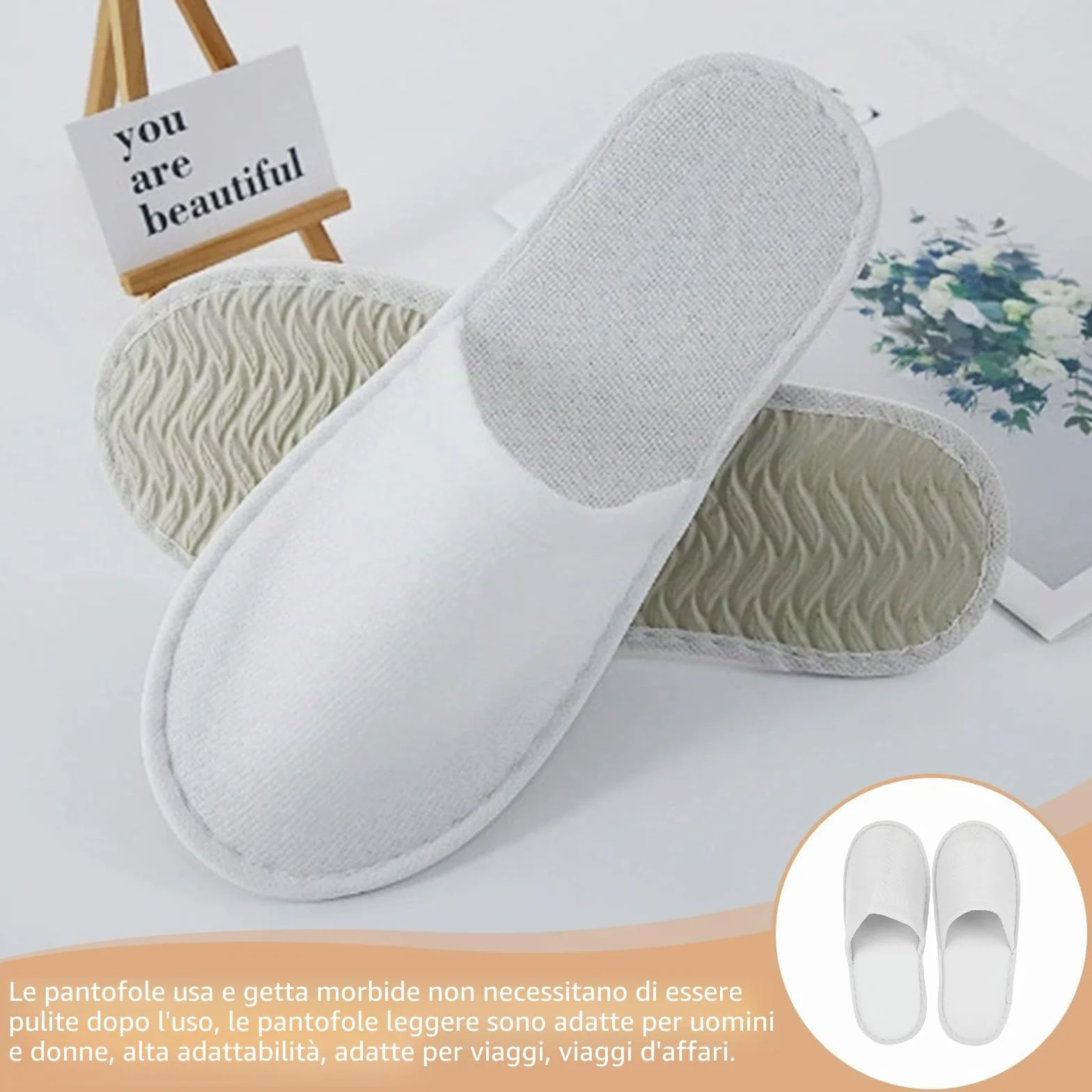 Pantofole in spugna Terry bianche chiuse 4 mm per hotel salone spa casa