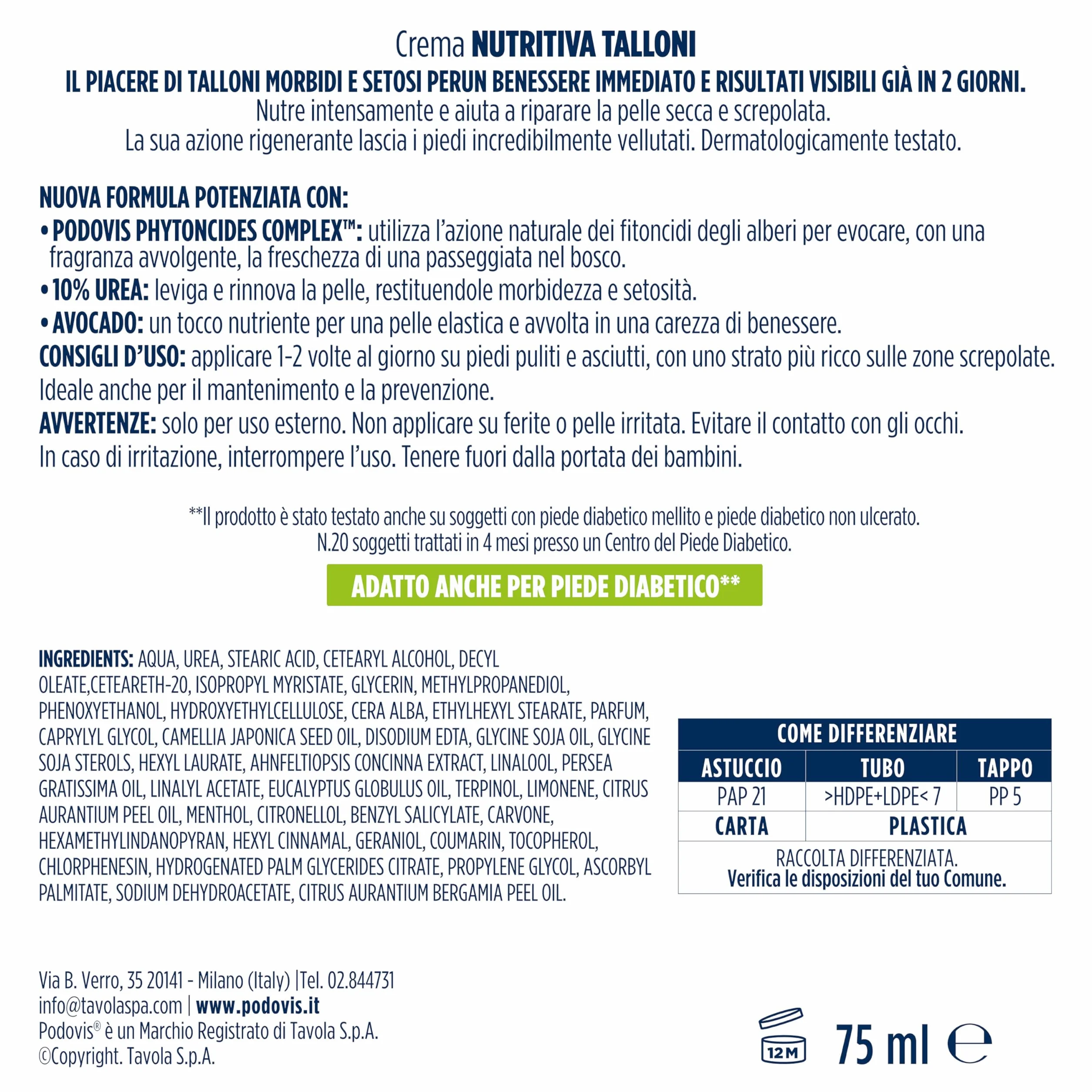 Podovis, Crema Rigenera Talloni Screpolati - Crema per Piedi Secchi e Screpolati, Risultati in 2 Giorni, Formula con Agenti Emollienti e Avocado, Pelle Idratata ed Elastica, 75 ml