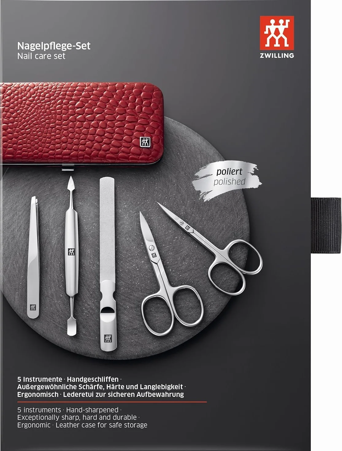 ZWILLING Set manicure 5 pezzi acciaio inox lucido custodia in vera pelle rosso