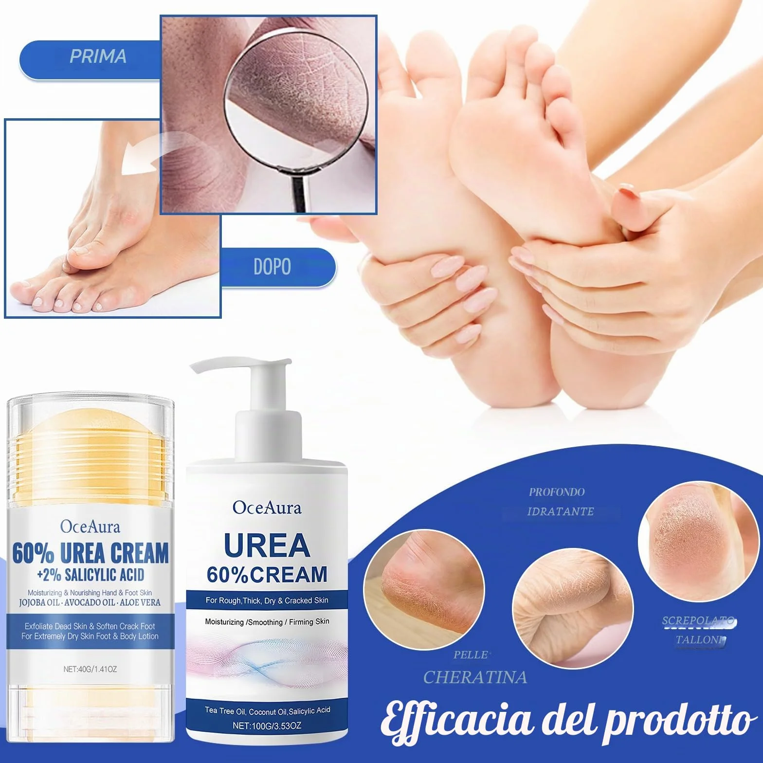 Crema Piedi Urea 60%,Crema Urea,100g panna Idratante +40g Foot panna Stick,Un'idratazione Profonda,per la Riparazione di e Mani,lozione per Piedi per Pelle Secca,Screpolata