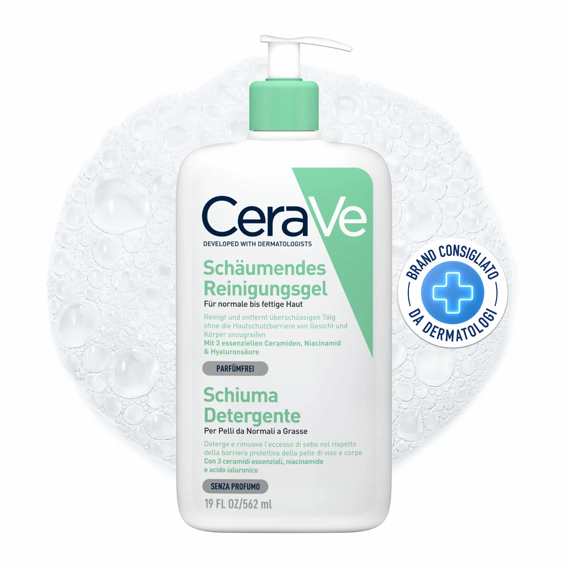 CeraVe Schiuma Detergente, Per Viso e Corpo, Per Pelli da Normali a Grasse, Pelle Libera da Impurità, Barriera Cutanea Rafforzata, Con Ceramidi Essenziali, Acido Ialuronico e Niacinamide, 562 ml