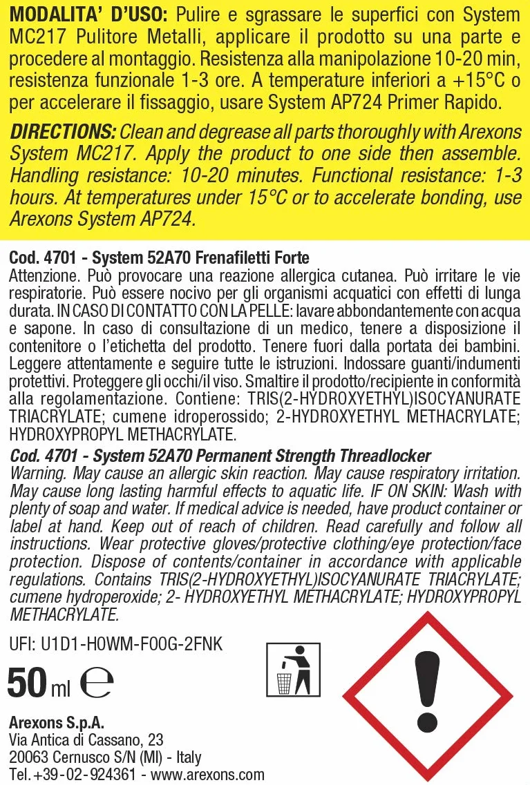 AREXONS 267200400 System 52A70 Frenafiletti Forte 50 ml, Frete a Bassa viscoità, Frenatura Permanente di prigionieri, Dadi e bulloni Non soggetti a smontaggio, Elimina allentamenti