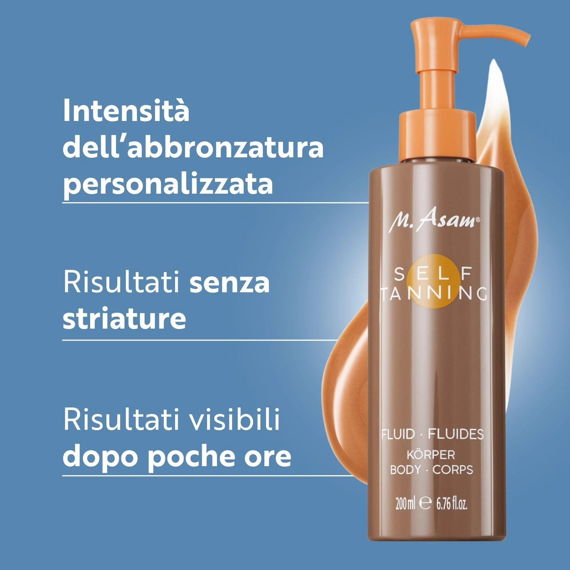 M. Asam M. Asam SUN Self Tanning Fluid (200 ml) - Autoabbronzante per il corpo con effetto immediato e a lungo termine, abbronzatura naturale e duratura, ingredienti idratanti